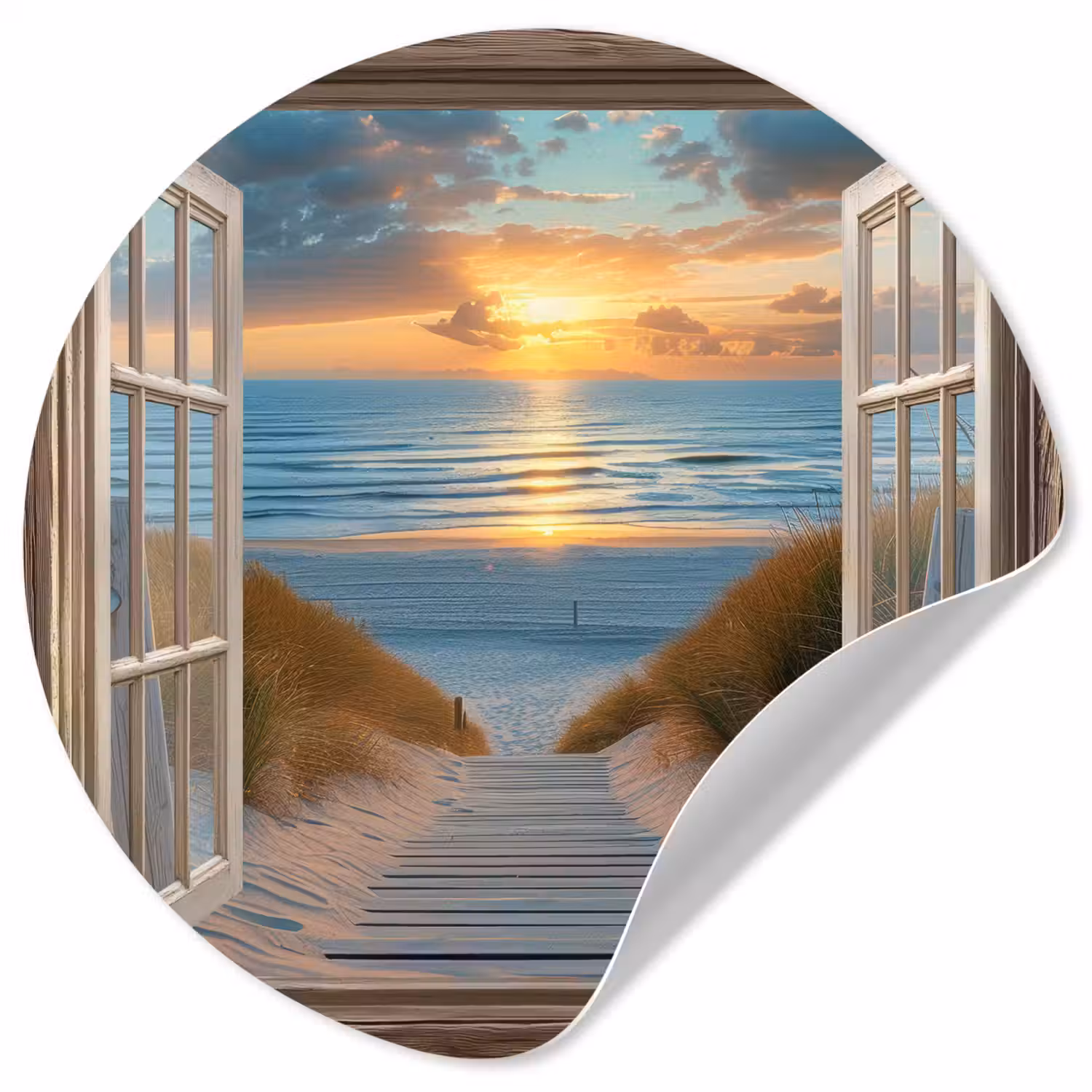 Doorkijk - Strand - Pad - Zonsondergang Wandcirkel behangsticker klein -3d