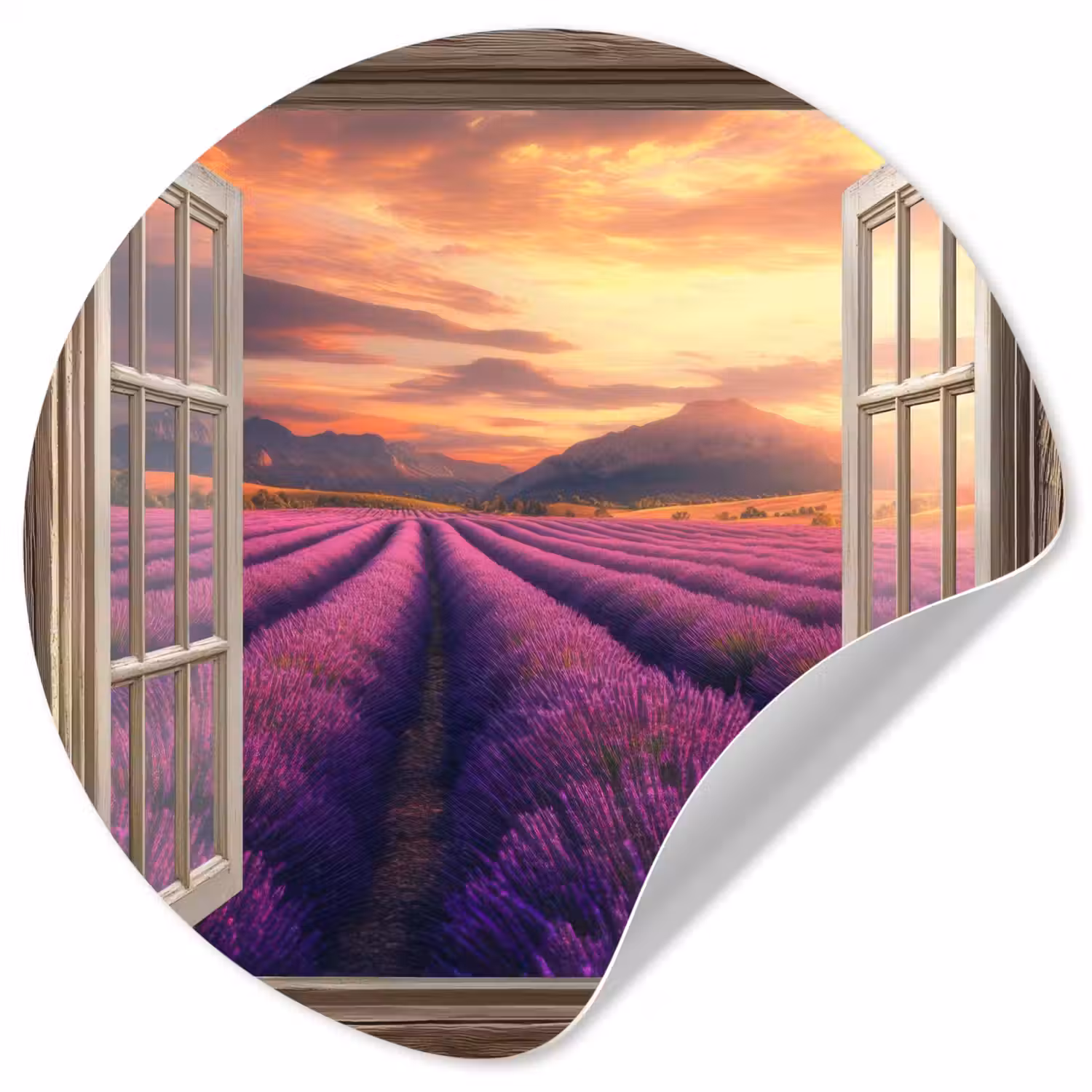 Doorkijk - Lavendel - Landschap - Bloemen - Paars Wandcirkel behangsticker klein -3d