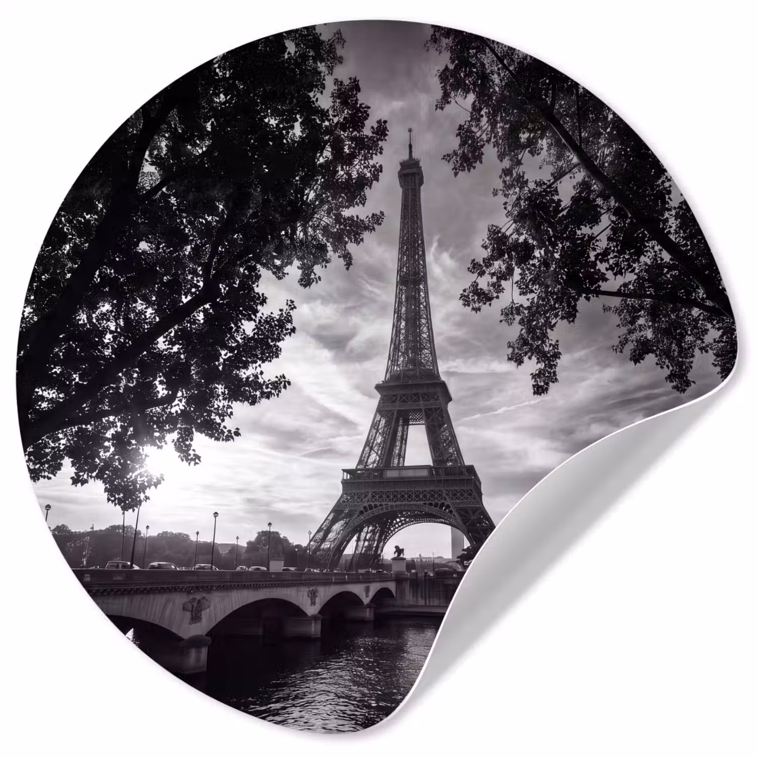 Eiffeltoren - Parijs - Rivier - Architectuur - Zwart-wit Wandcirkel behangsticker klein -3d