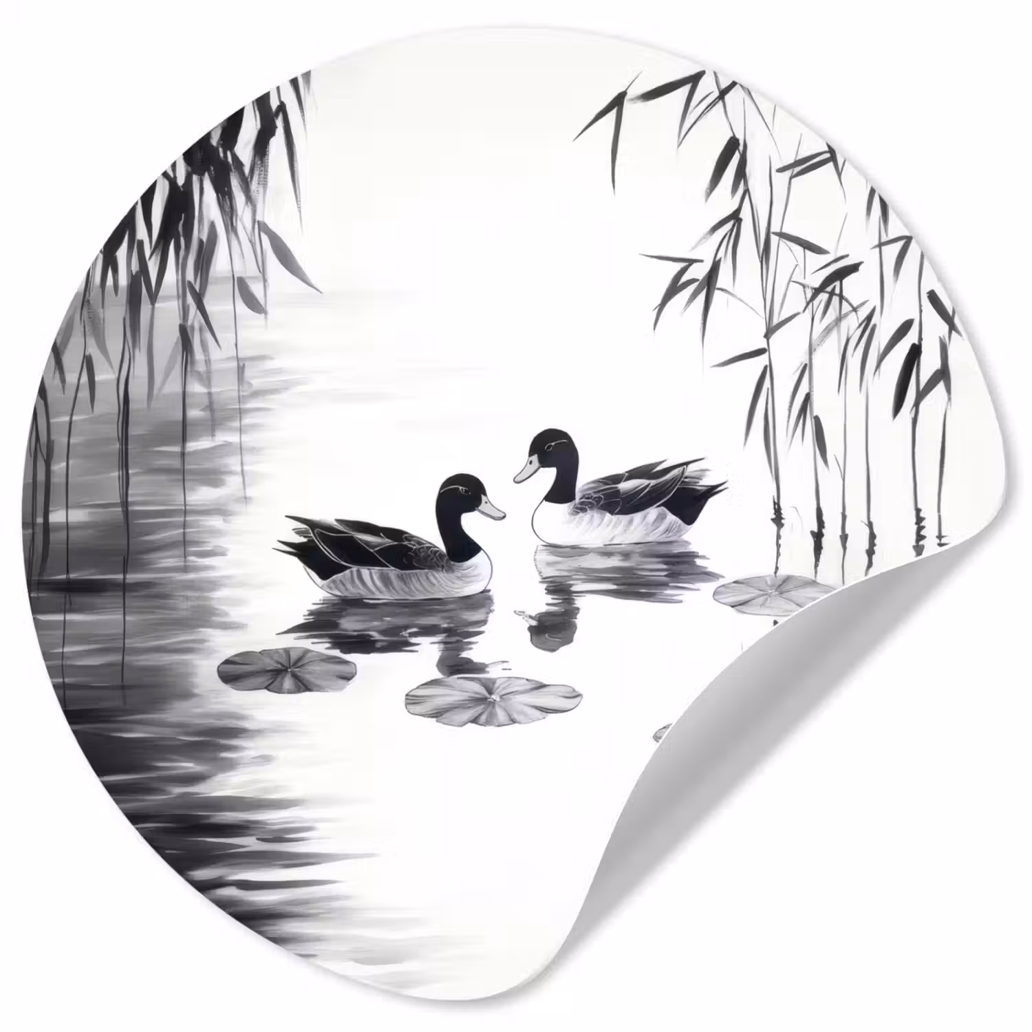 Eenden - Waterlelies - Riet - Zwart Wandcirkel behangsticker klein -3d
