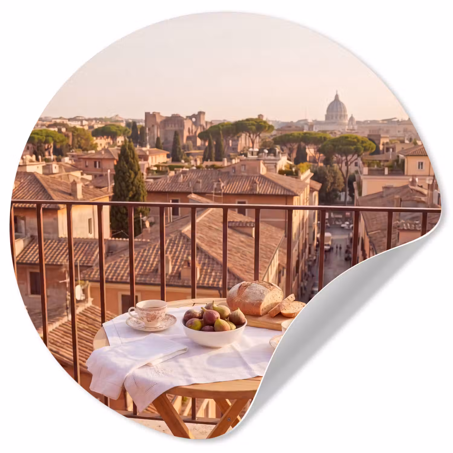 Eten - Ontbijt - Balkon - Stad - Zonsopgang Wandcirkel behangsticker klein -3d