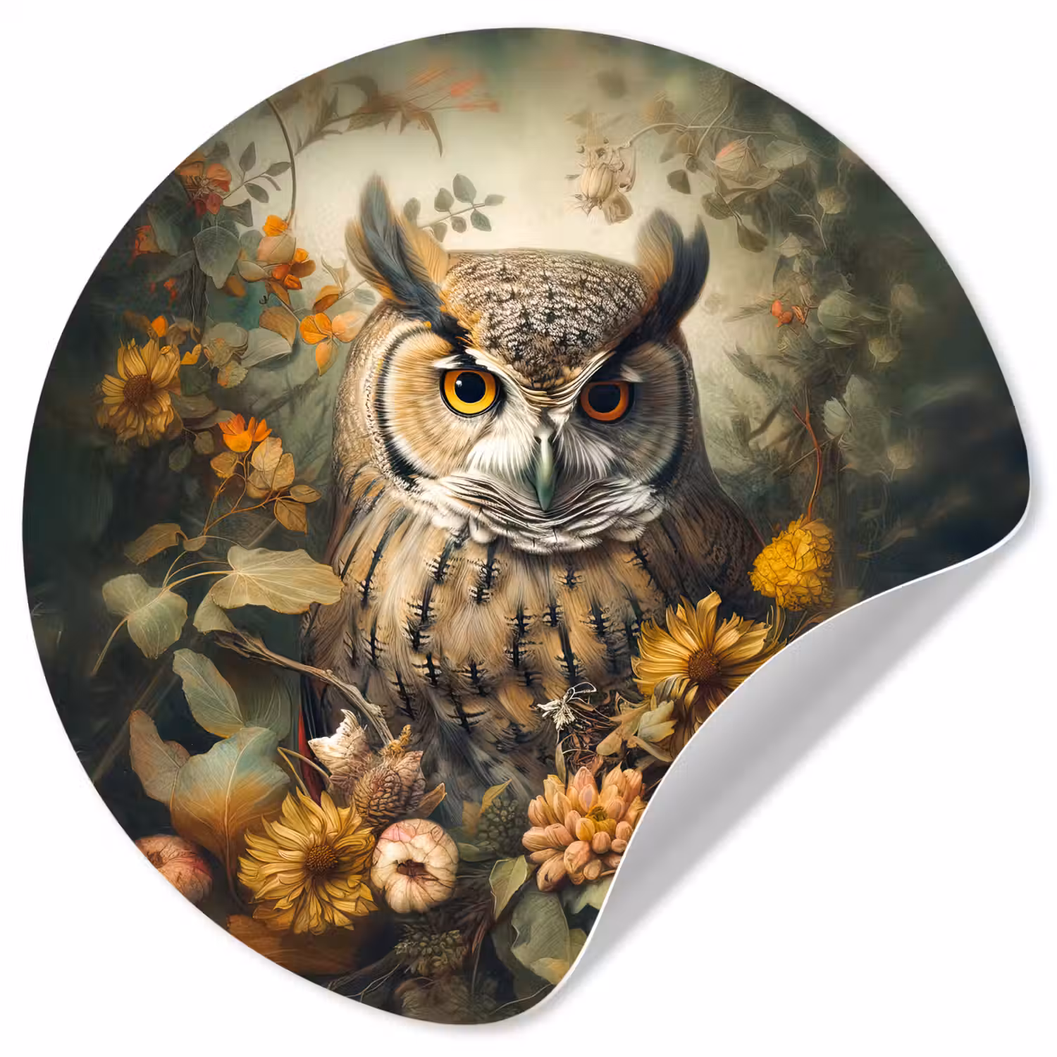 Uil - Vogels - Bloemen - Natuur Wandcirkel behangsticker klein -3d