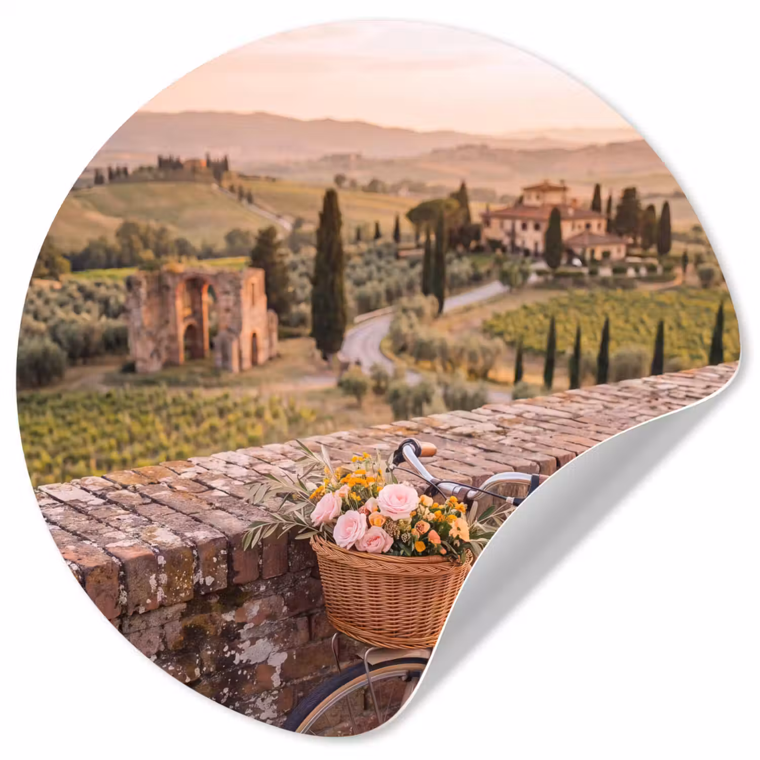 Fiets - Bloemen - Toscane - Landschap - Roze Wandcirkel behangsticker klein -3d
