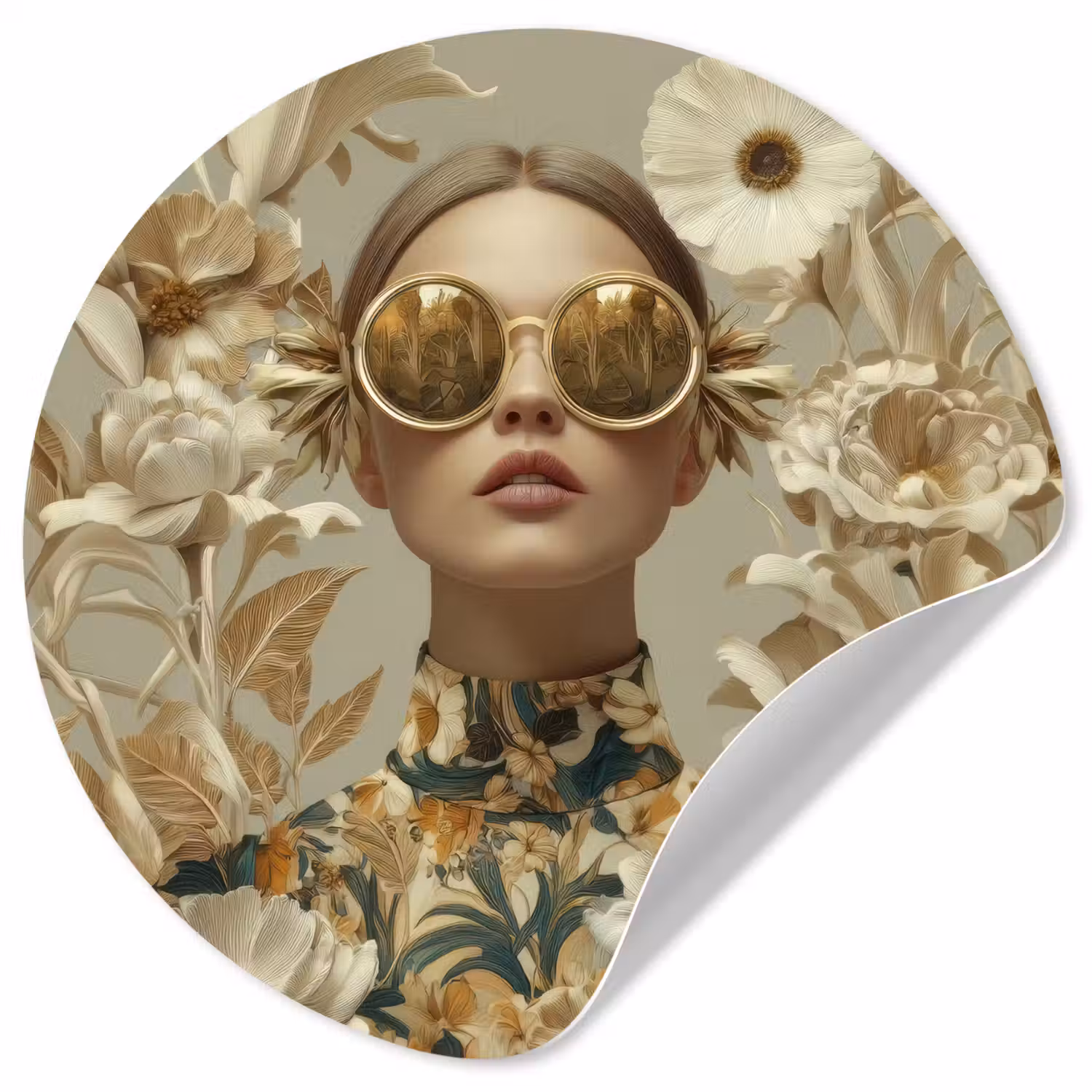 Vrouw - Bloemen - Zonnebril - Wit Wandcirkel behangsticker klein -3d