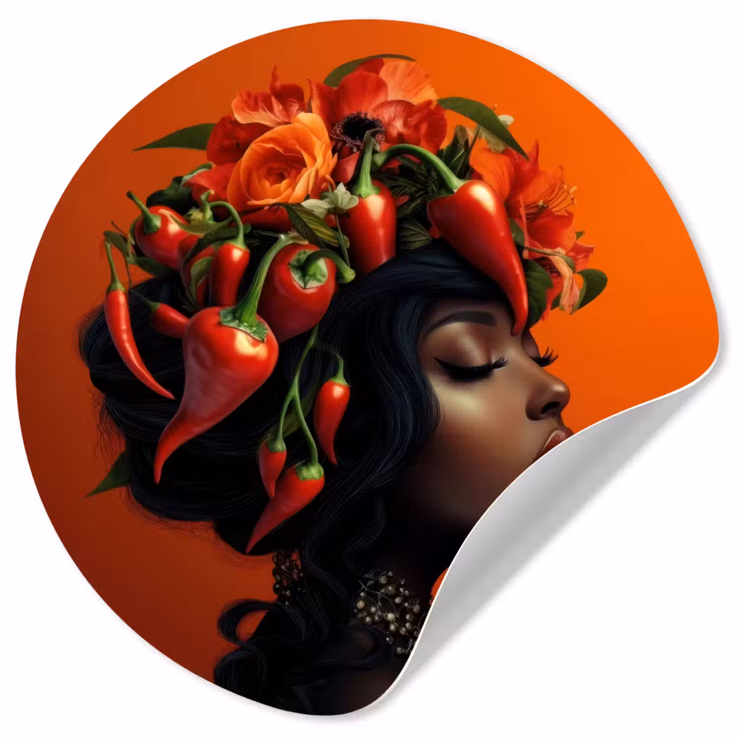 Vrouw - Chilipepers - Pepers - Bloemen Wandcirkel behangsticker klein -3d