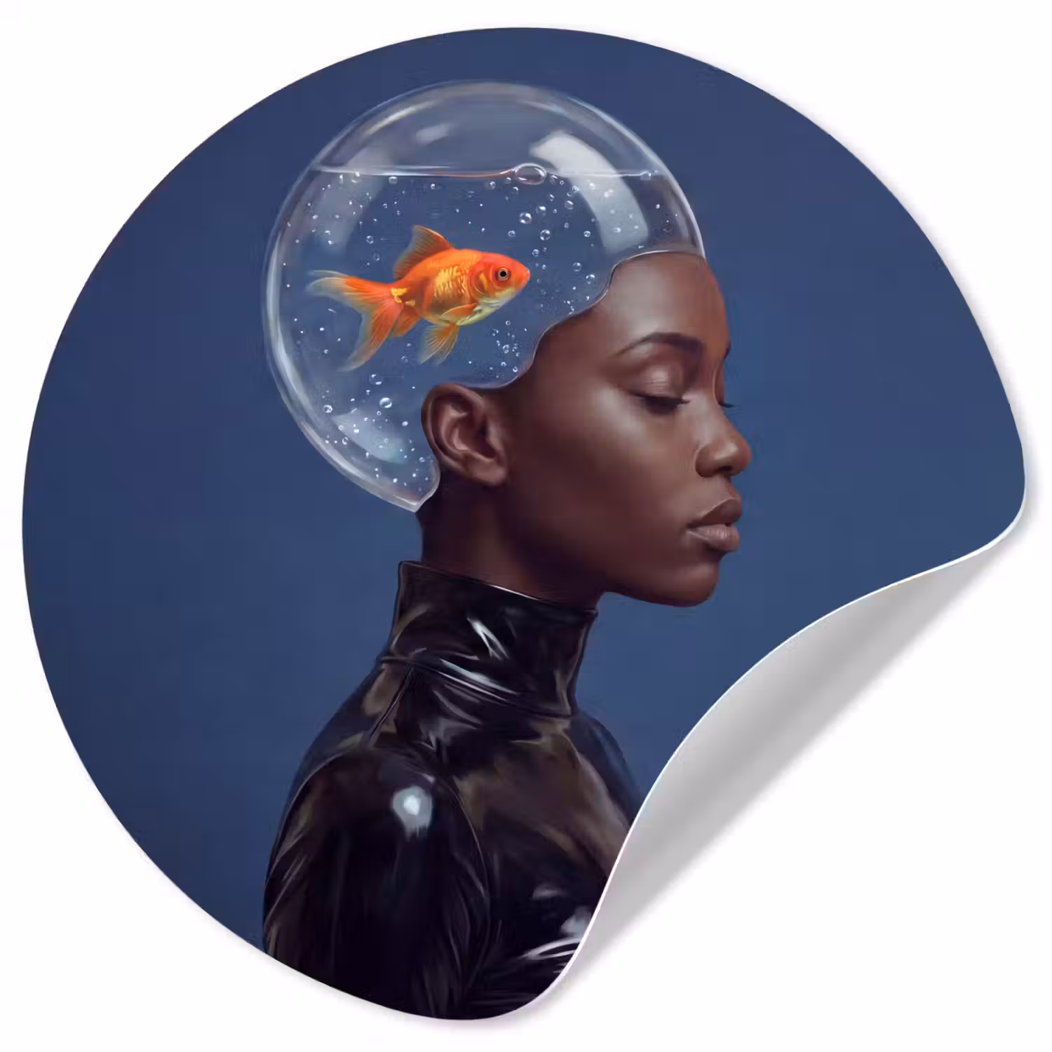 Vrouw - Goudvis - Hoofd - Abstract - Blauw Wandcirkel behangsticker klein -3d