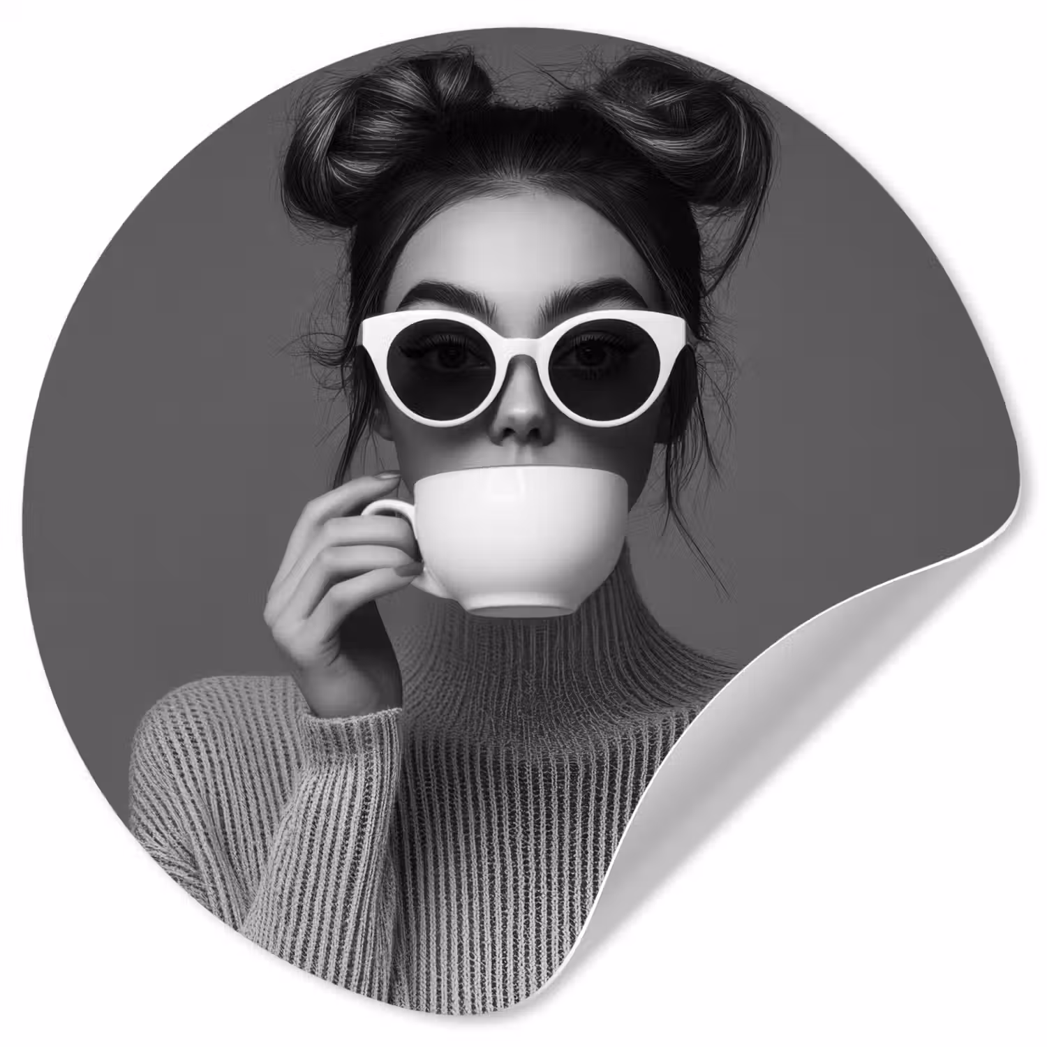 Vrouw - Koffie - Zwart - Wit Wandcirkel behangsticker klein -3d