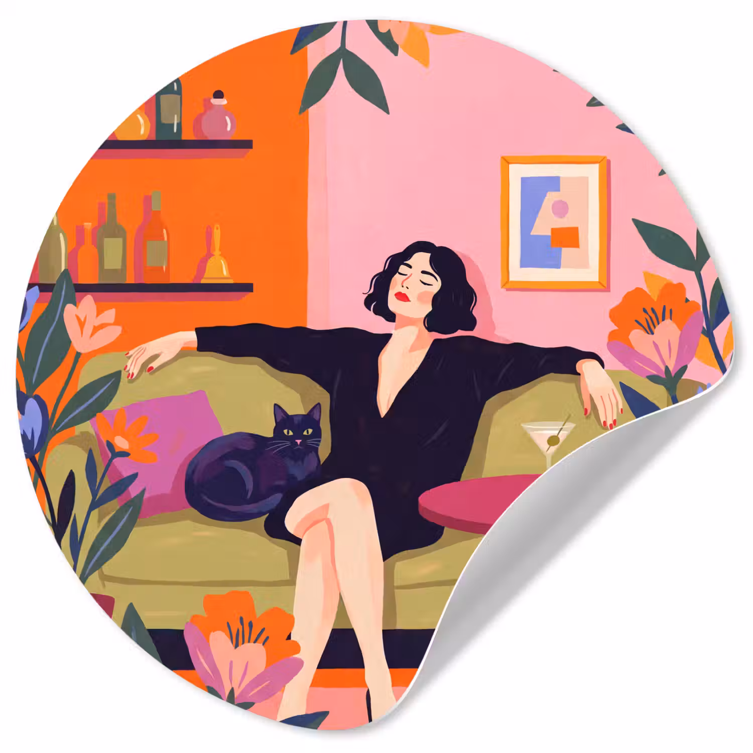 Vrouw - Kat - Interieur - Modern - Kleurrijk Wandcirkel behangsticker klein -3d