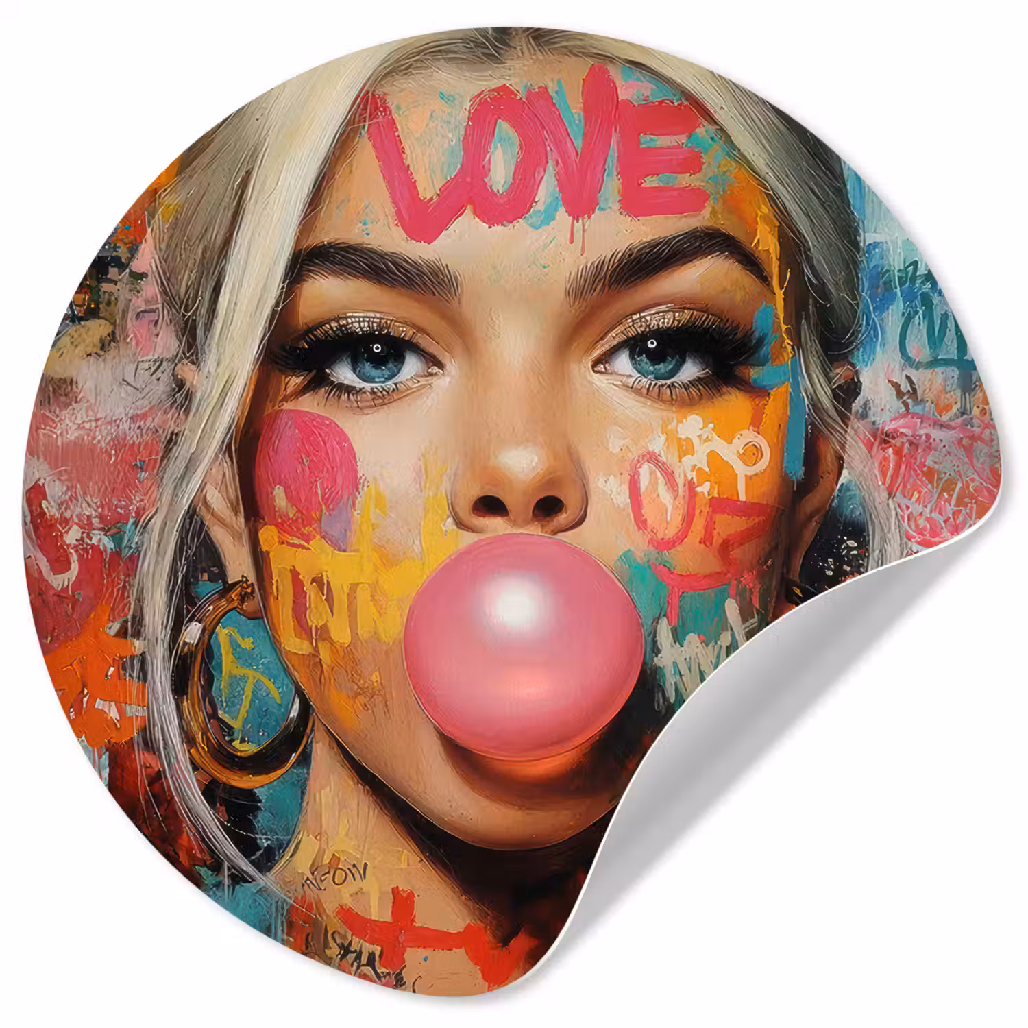 Vrouw - Kauwgom - Graffiti - Love Wandcirkel behangsticker klein -3d