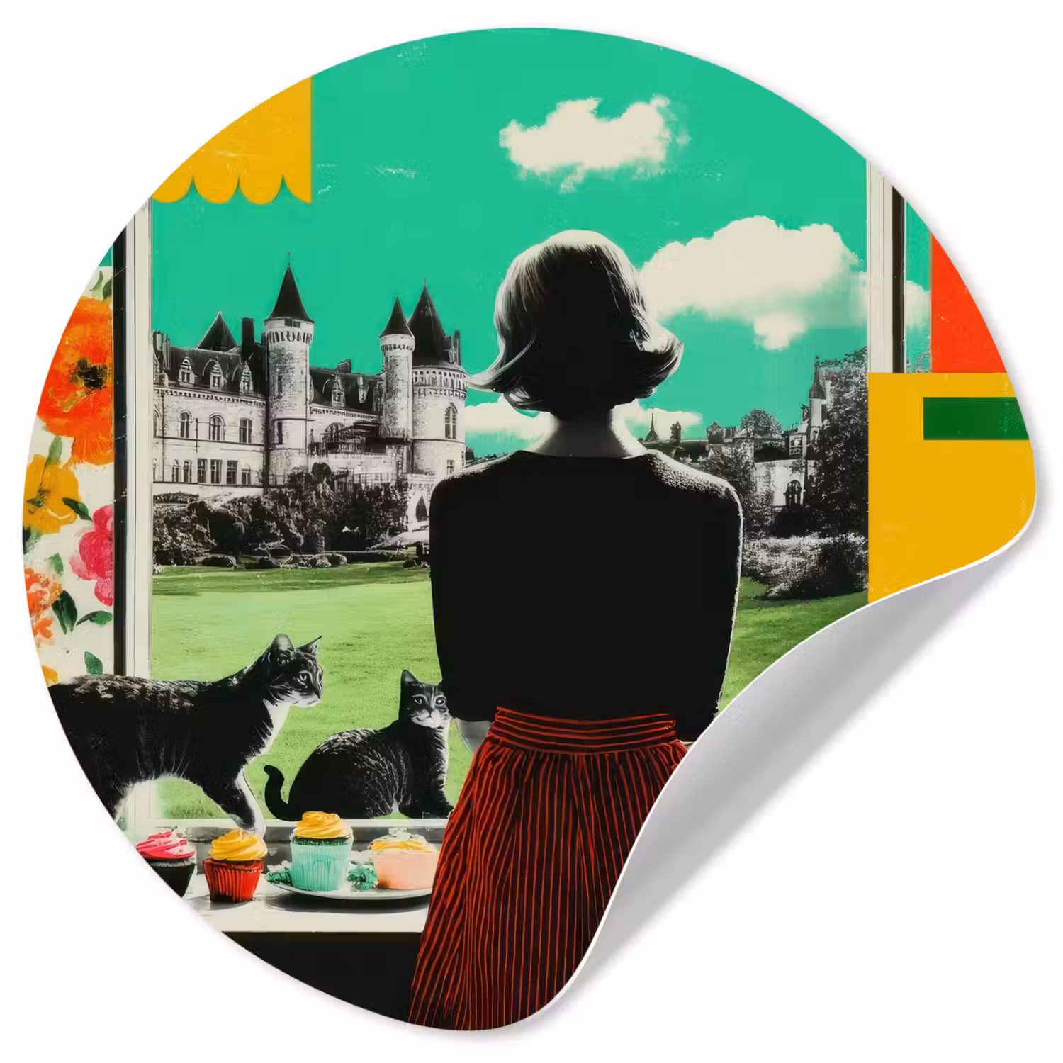 Vrouw - Keuken - Katten - Doorkijk Wandcirkel behangsticker klein -3d