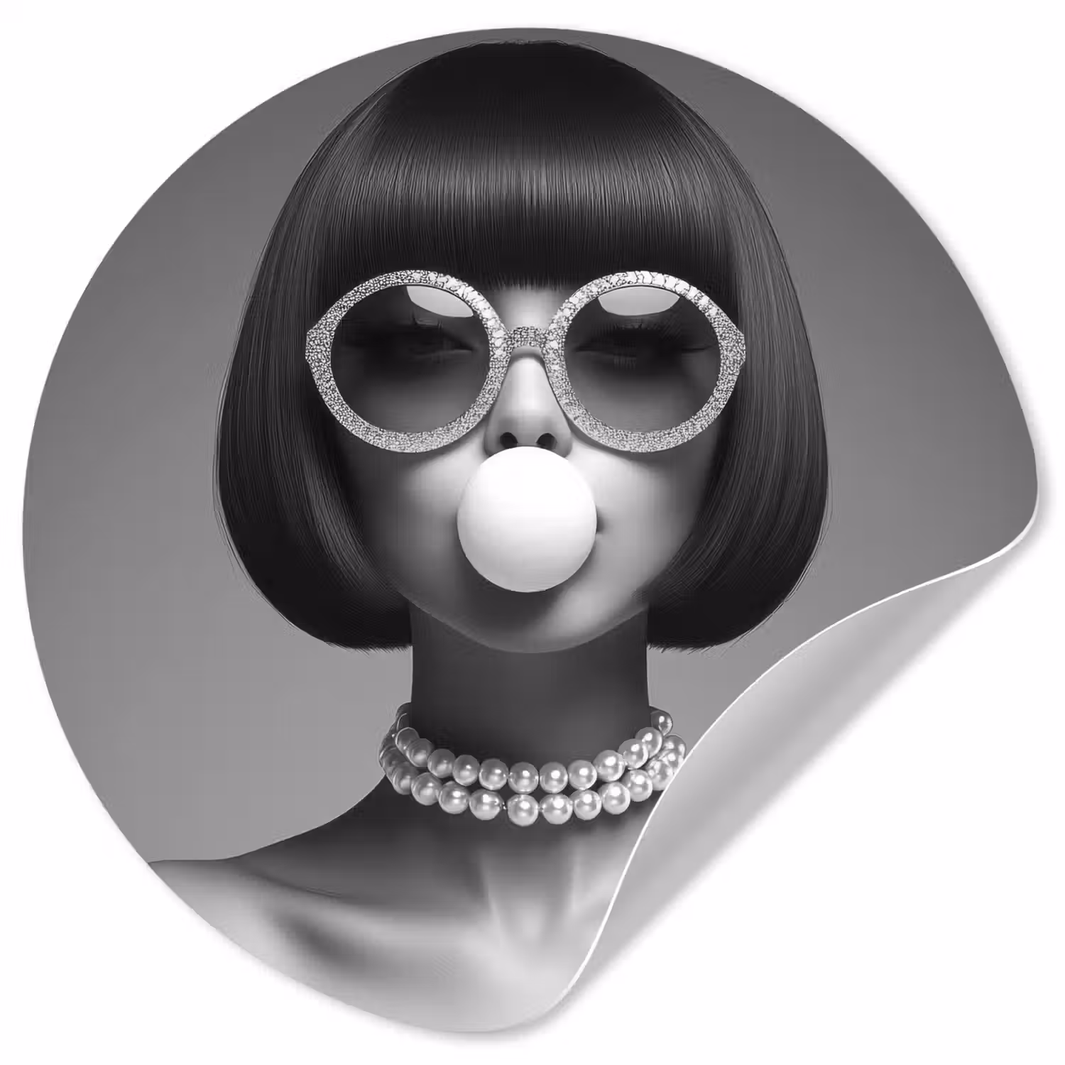 Vrouw - Zwart Wit - Ketting - Zonnebril Wandcirkel behangsticker klein -3d