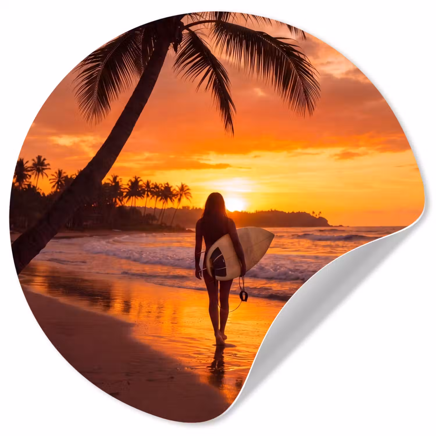 Vrouw - Surfplank - Strand - Zonsondergang - Oranje Wandcirkel behangsticker klein -3d