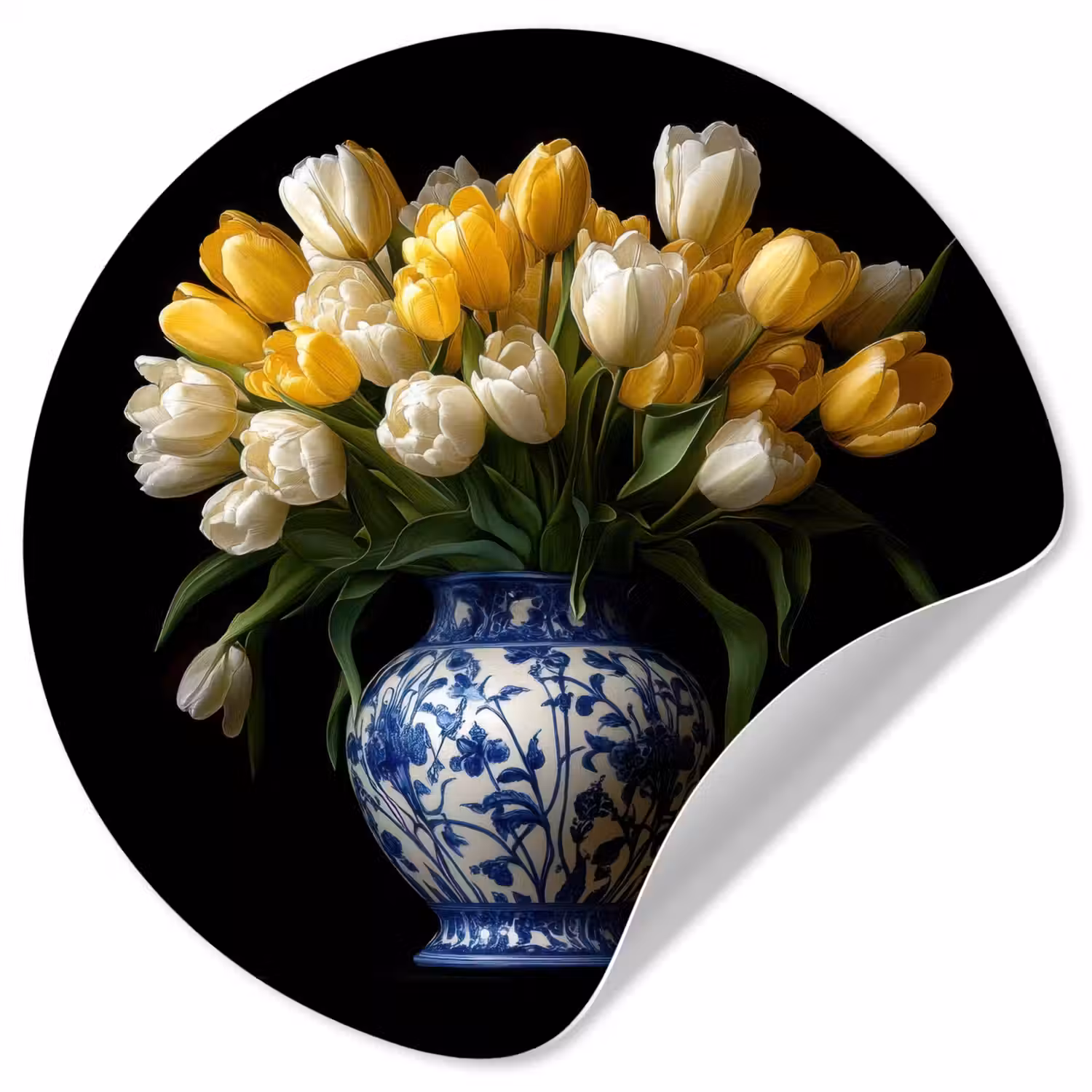 Geel - Tulpen - Vaas - Bloemen Wandcirkel behangsticker klein -3d