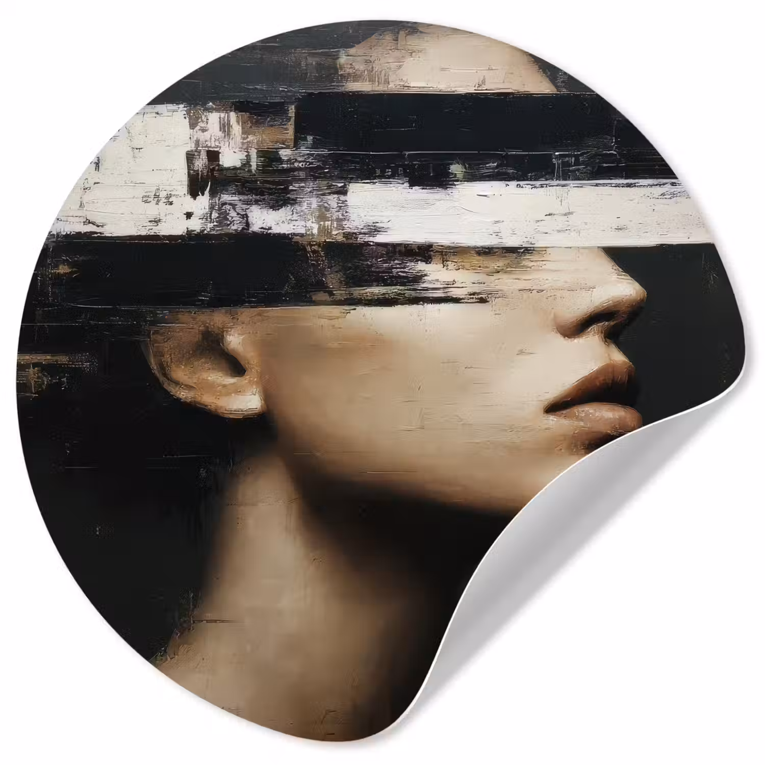 Gezicht - Vrouw - Zwart - Abstract Wandcirkel behangsticker klein -3d