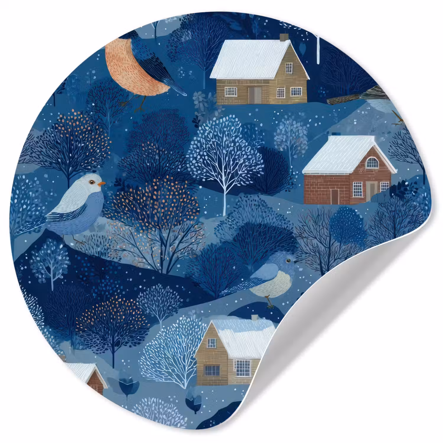Huisjes - Vogels - Sneeuw - Winter - Blauw Wandcirkel behangsticker klein 186 -3d