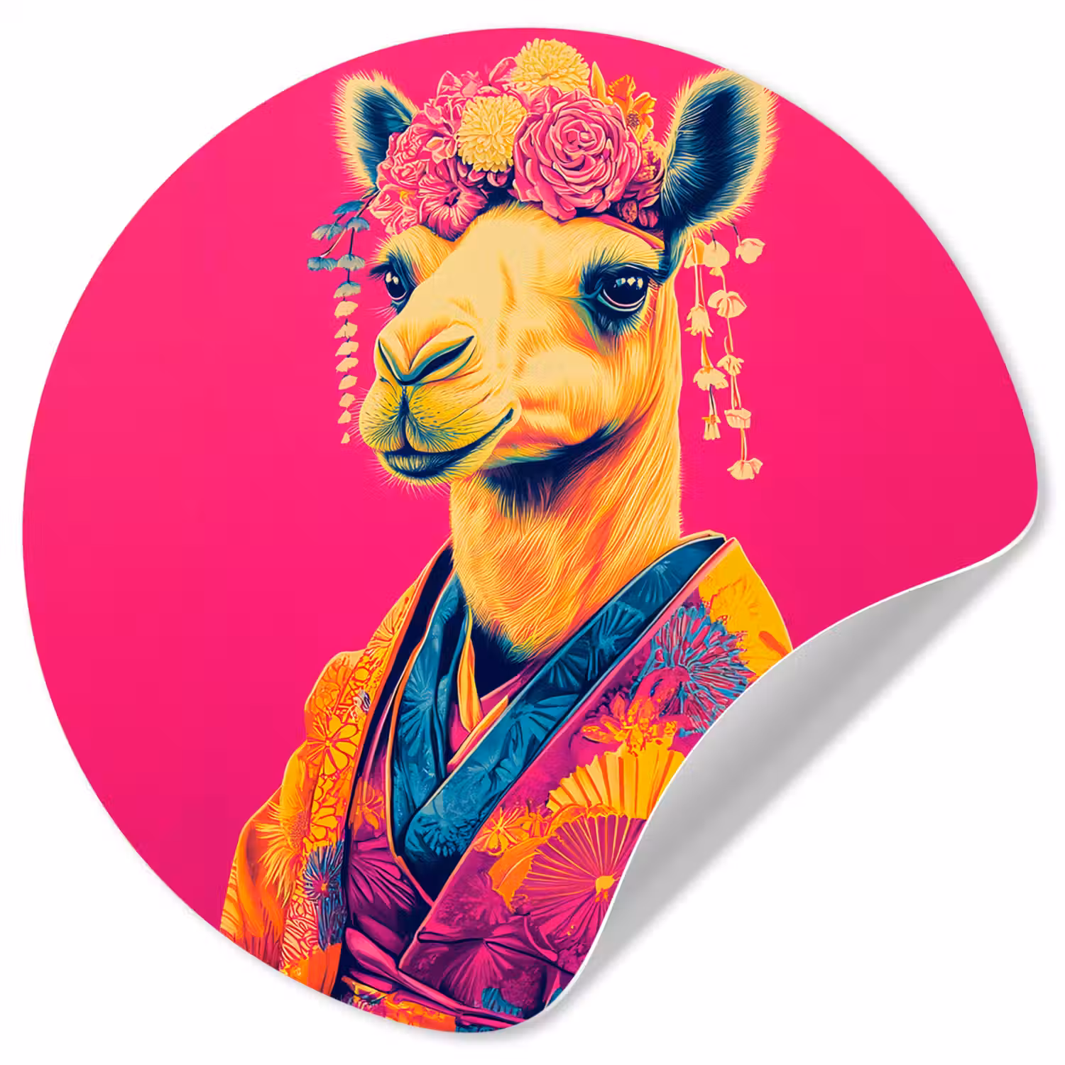 Kameel - Bloemen - Kimono - Waaiers Wandcirkel behangsticker klein -3d
