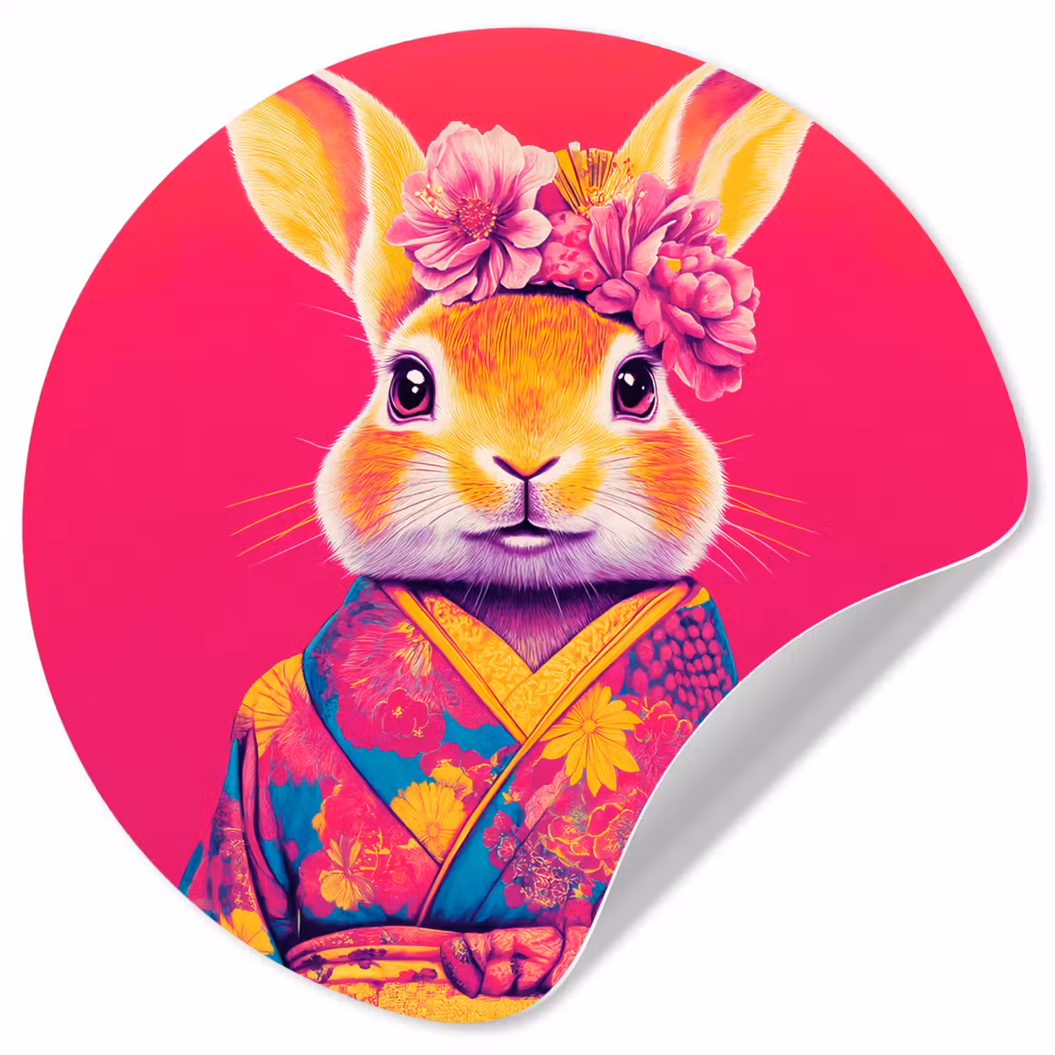 Konijn - Bloemen - Kleurrijk - Kimono Wandcirkel behangsticker klein -3d