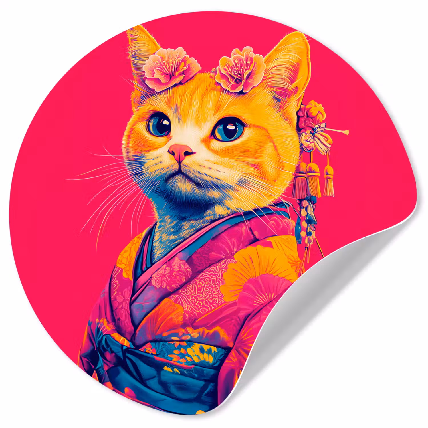 Kat - Kimono - Bloemen - Roze Wandcirkel behangsticker klein -3d