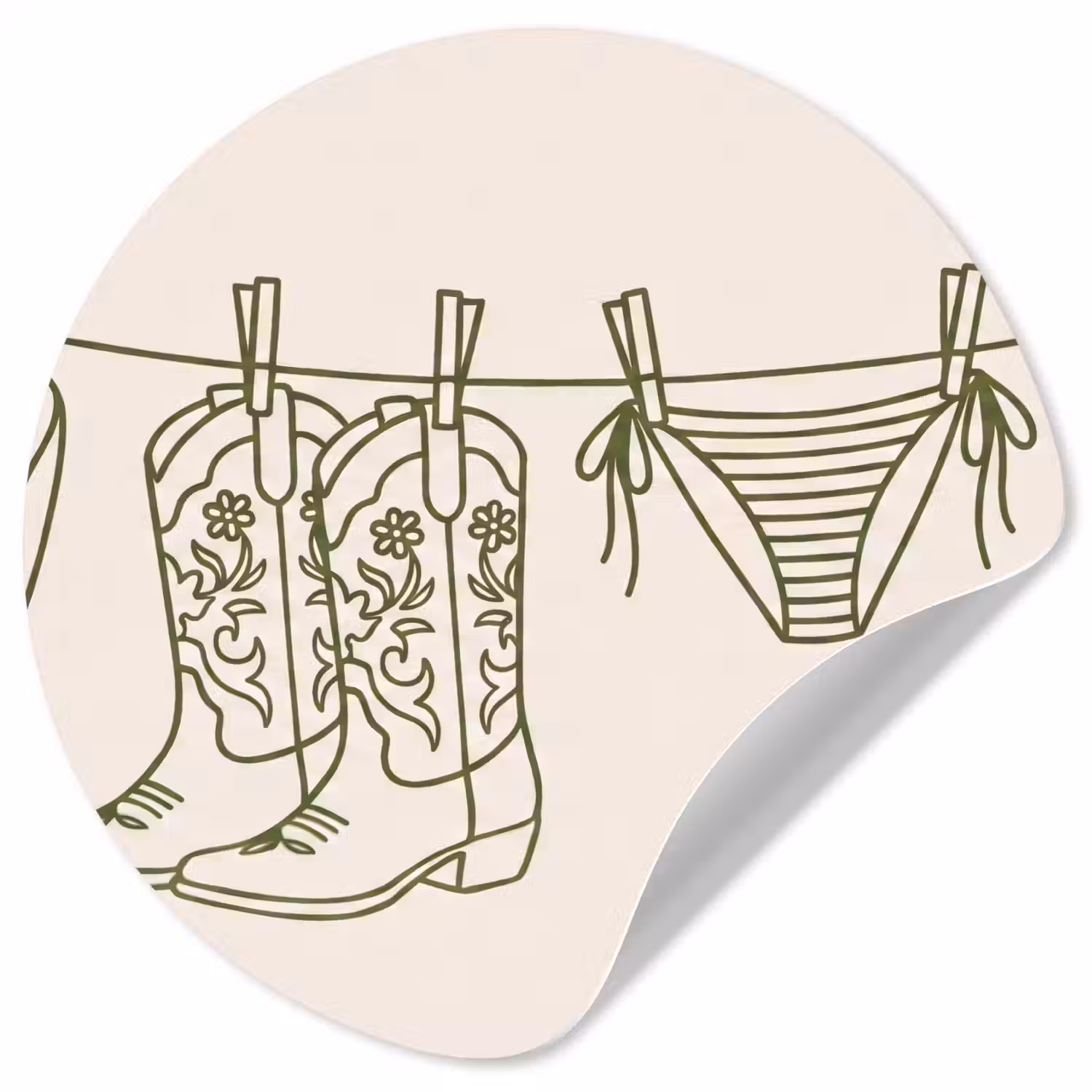 Kleding - Waslijn - Zomer - Lijntekening - Groen Wandcirkel behangsticker klein -3d