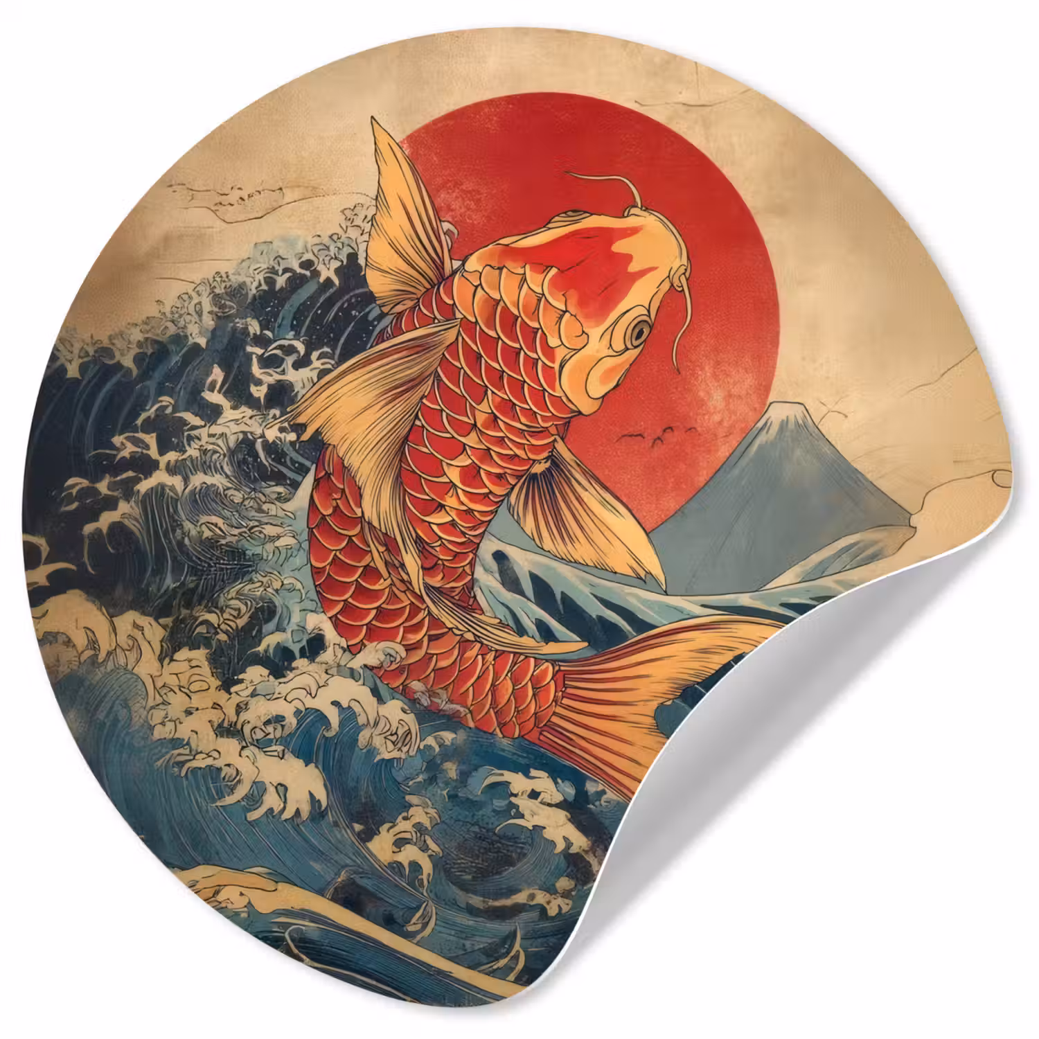 Koi - Zee - Golven - Zon Wandcirkel behangsticker klein -3d