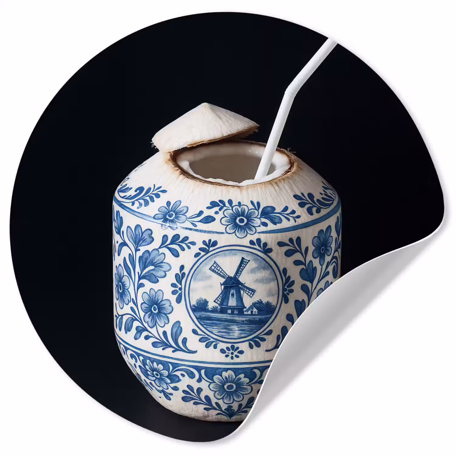 Kokosnoot - Eten - Delfts blauw - Drinken Wandcirkel behangsticker klein -3d