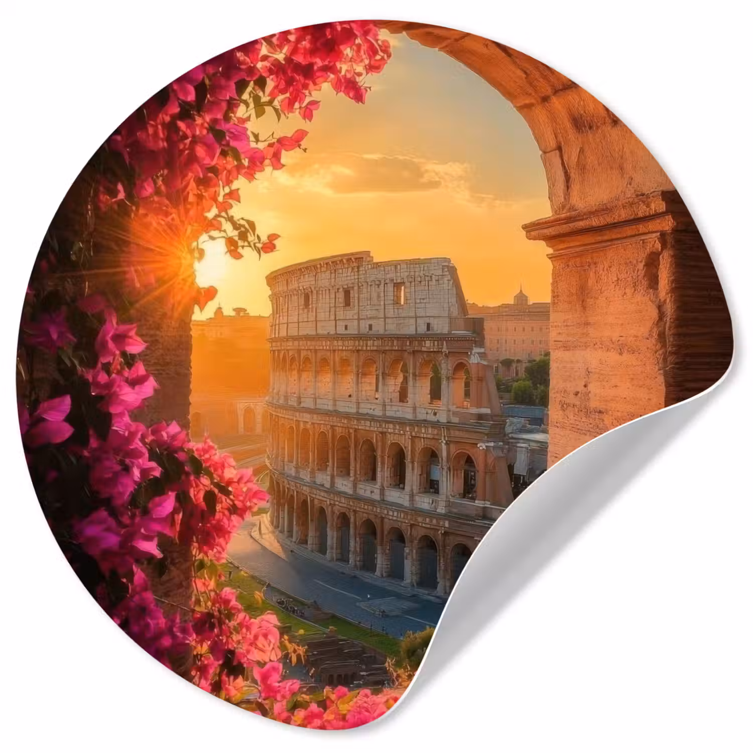 Colosseum - Rome - Roze Bloemen Wandcirkel behangsticker klein -3d