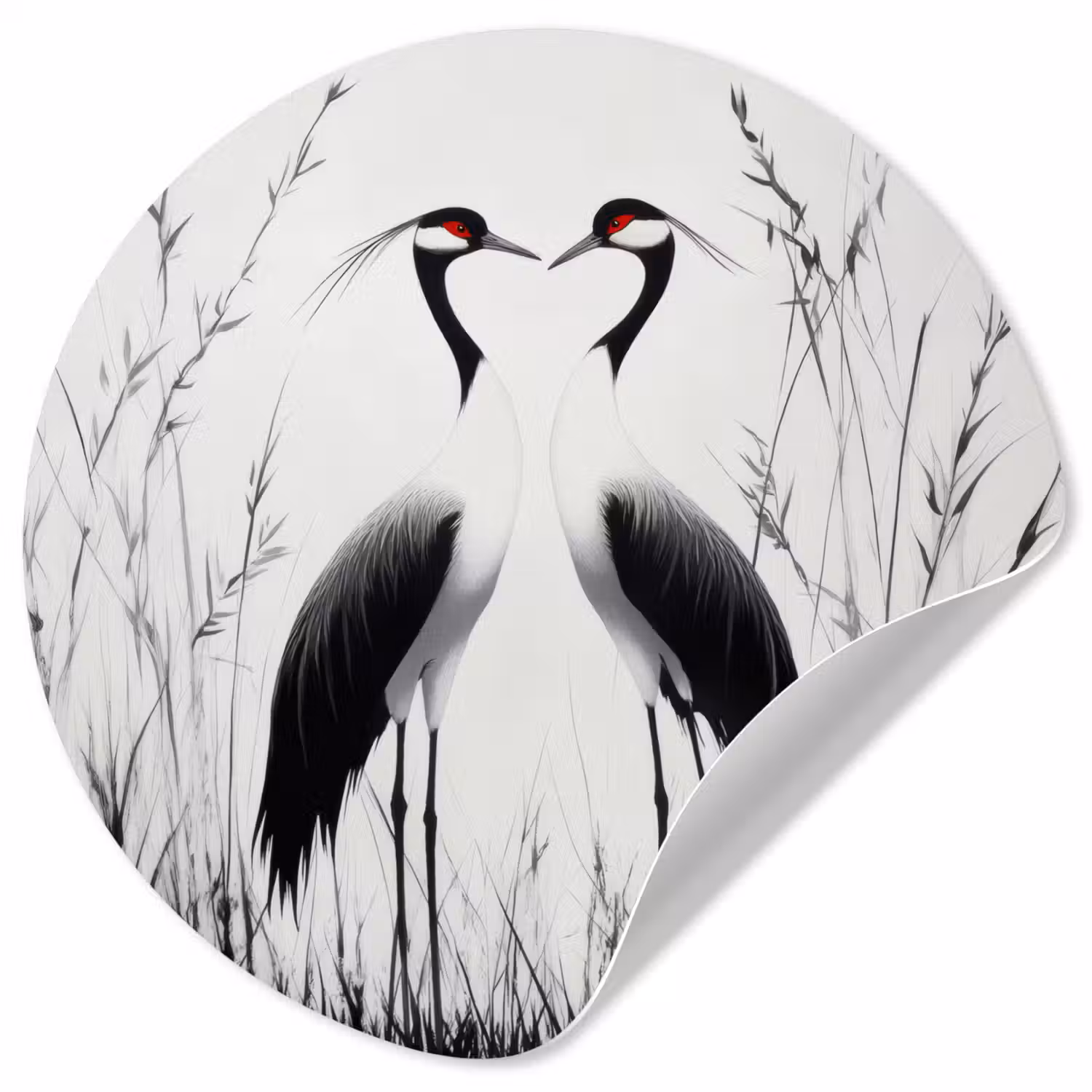 Kraanvogels - Gras - Hartvorm - Zwart Wandcirkel behangsticker klein -3d