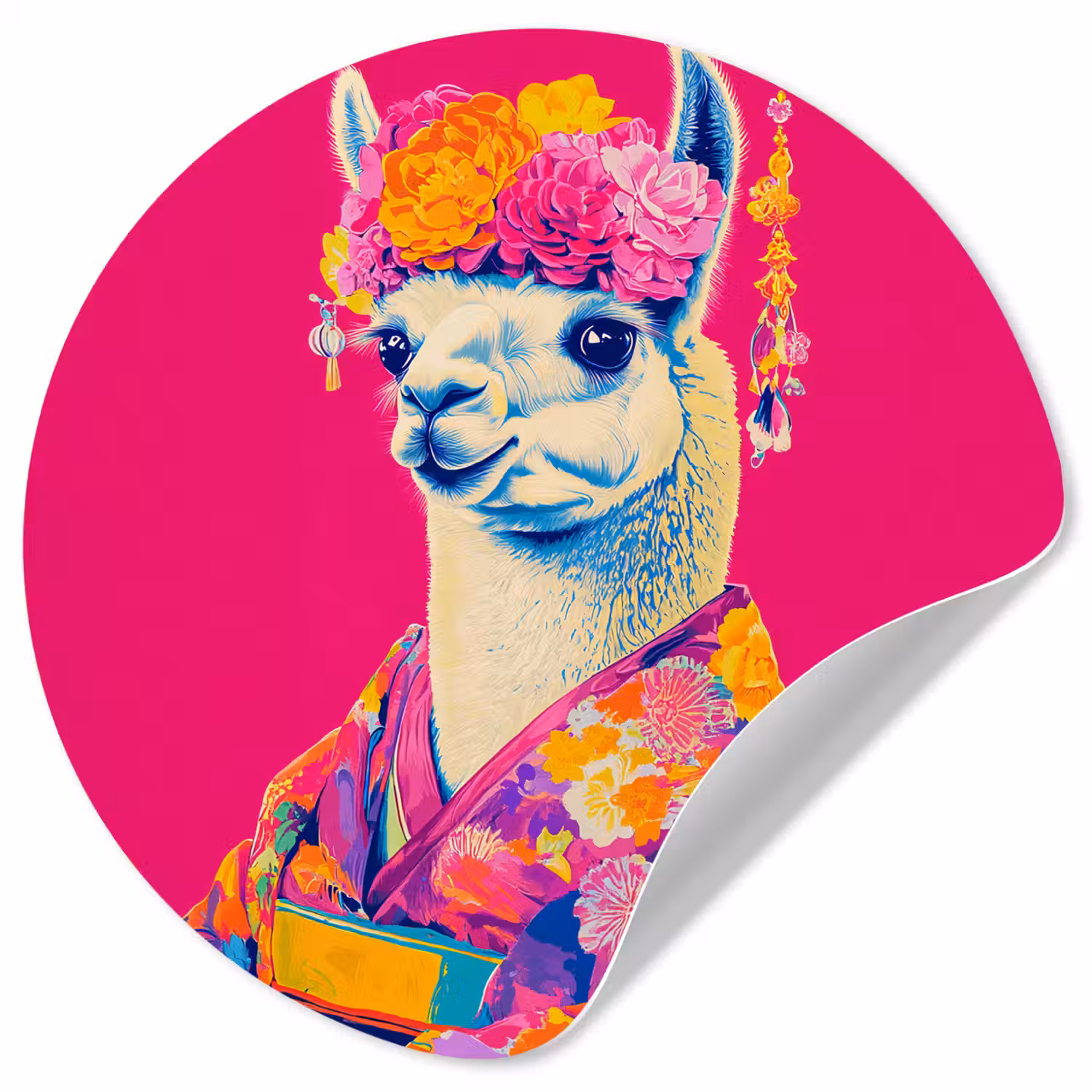 Lama - Kimono - Bloemenkrans - Felroze Wandcirkel behangsticker klein -3d
