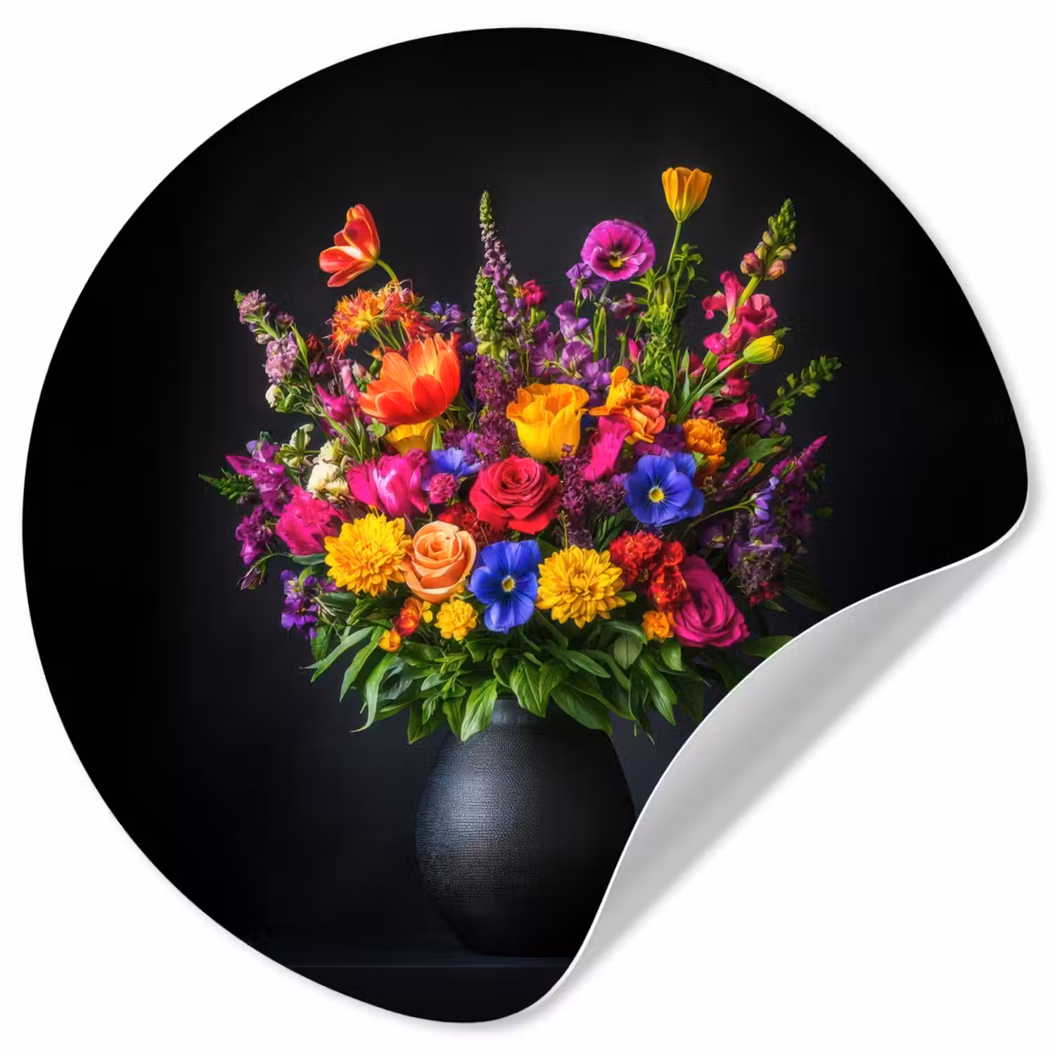 Felgekleurd - Bloemen - Vaas Wandcirkel behangsticker klein -3d