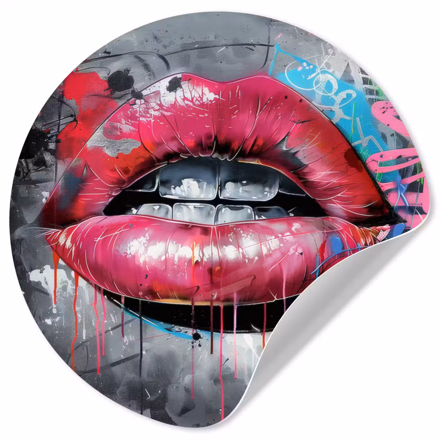 Lippen - Felroze - Graffiti - Verfstrepen Wandcirkel behangsticker klein -3d