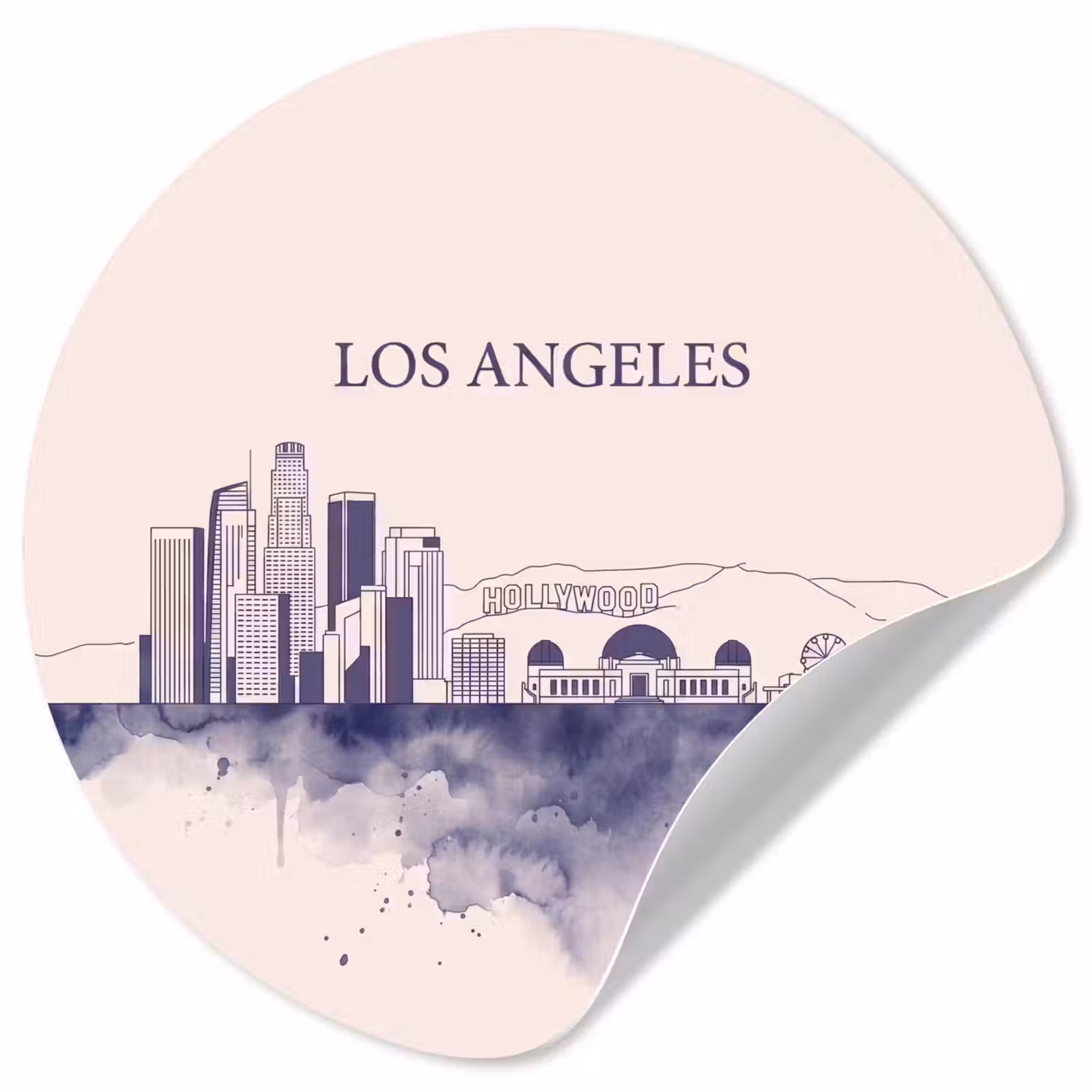 Los Angeles - Skyline - Architectuur - Aquarel - Blauw Wandcirkel behangsticker klein -3d