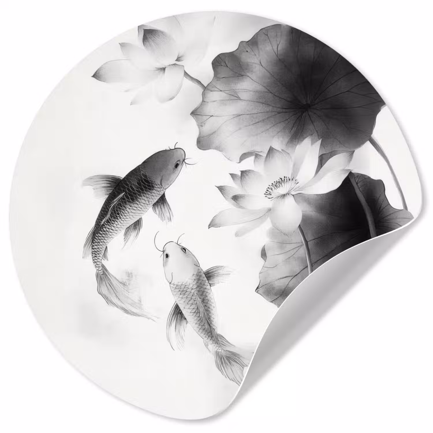 Lotusbloemen - Vissen - Bladeren - Zwart Wandcirkel behangsticker klein -3d