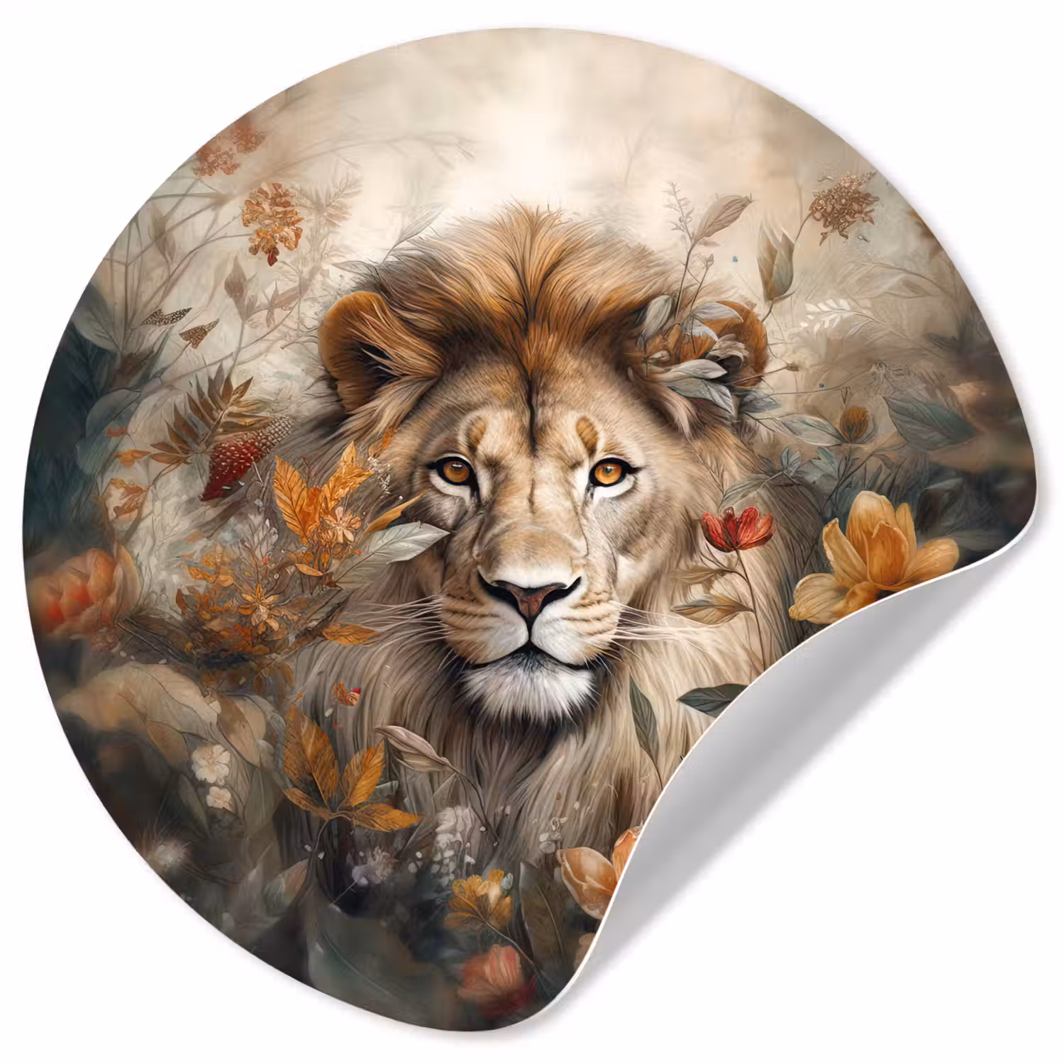 Leeuw - Wilde dieren - Planten - Natuur - Bloemen Wandcirkel behangsticker klein -3d