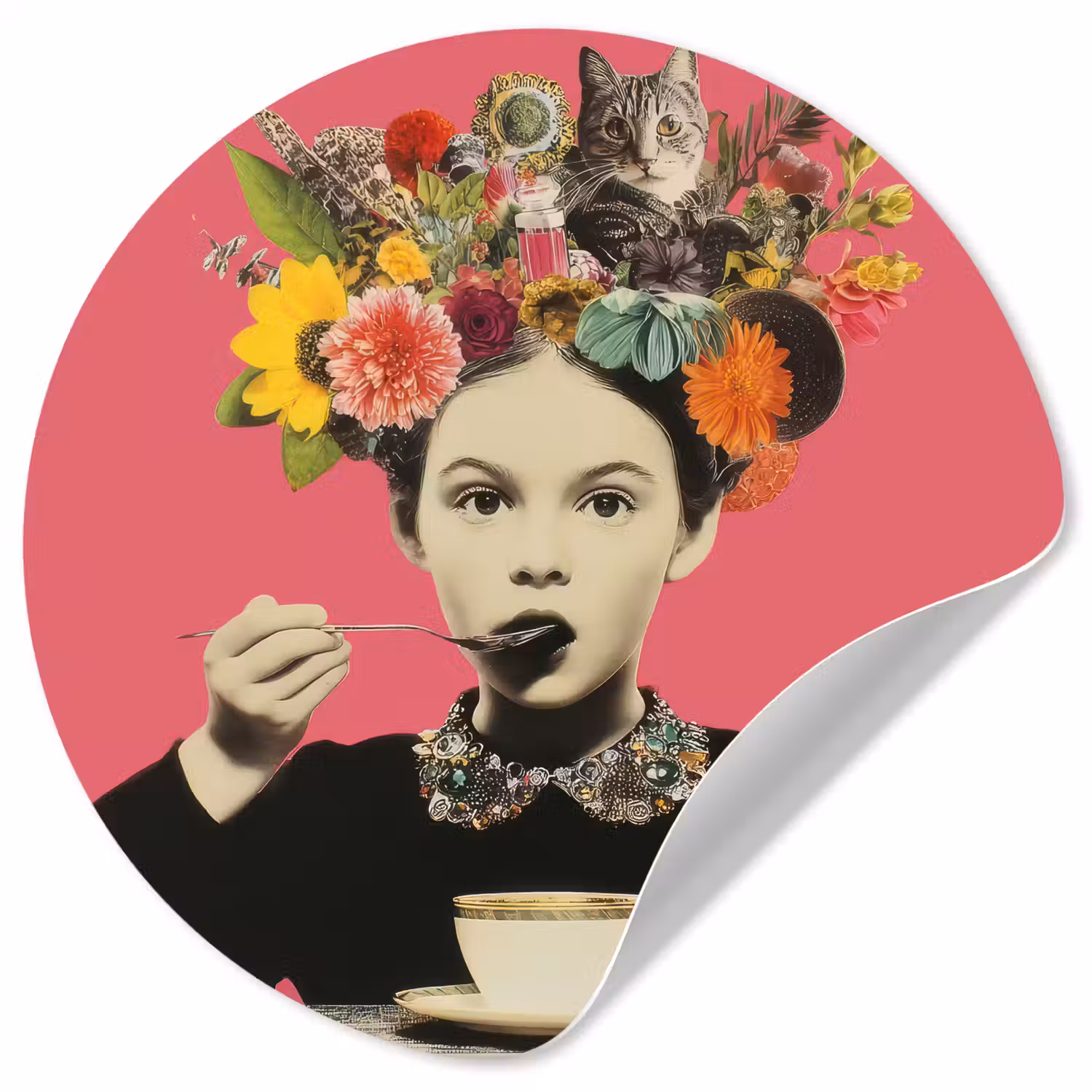 Meisje - Kopje - Bloemen - Roze Wandcirkel behangsticker klein -3d