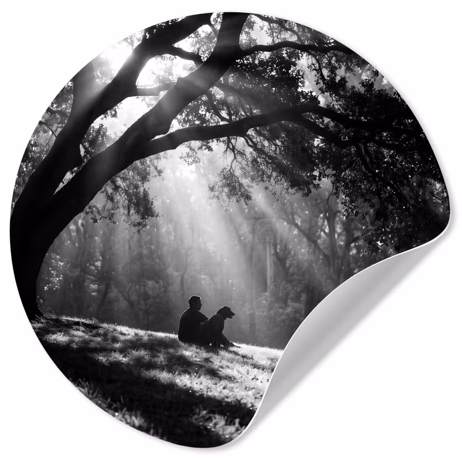 Mens - Hond - Natuur - Zwart-wit - Silhouet Wandcirkel behangsticker klein -3d