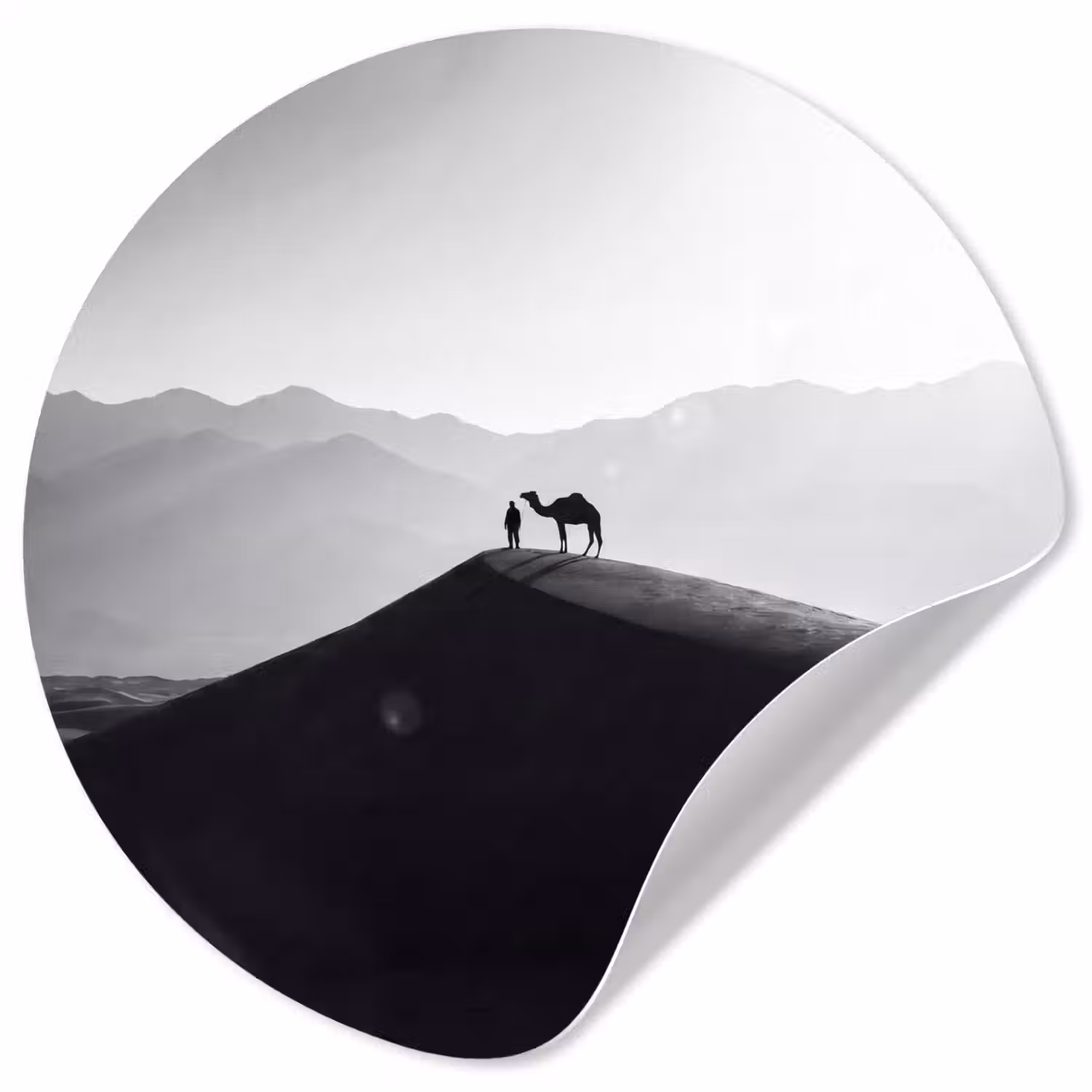 Mens - Kameel - Zandduin - Natuur - Monochroom Wandcirkel behangsticker klein -3d
