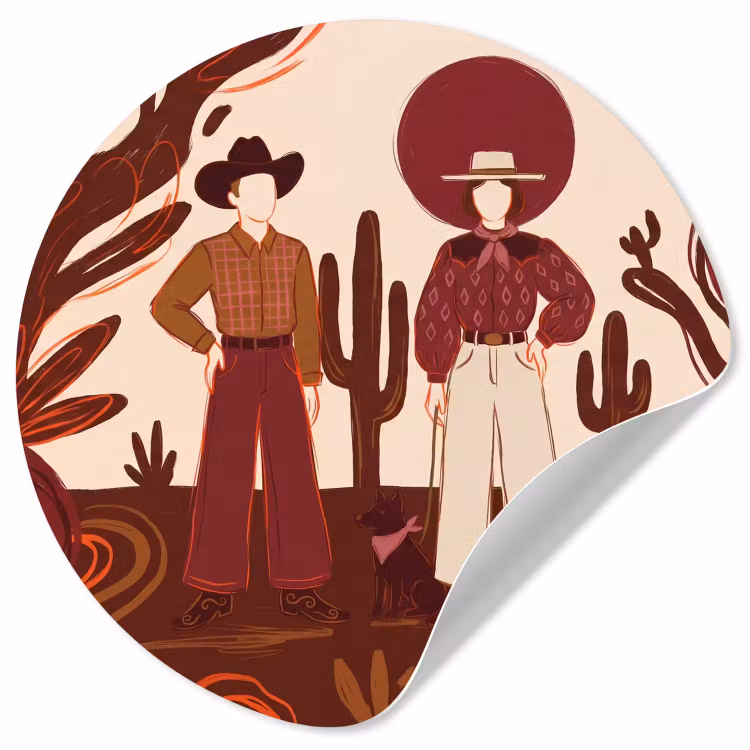 Mensen - Cowboykleding - Westerse stijl - Illustratie - Bruin Wandcirkel behangsticker klein -3d