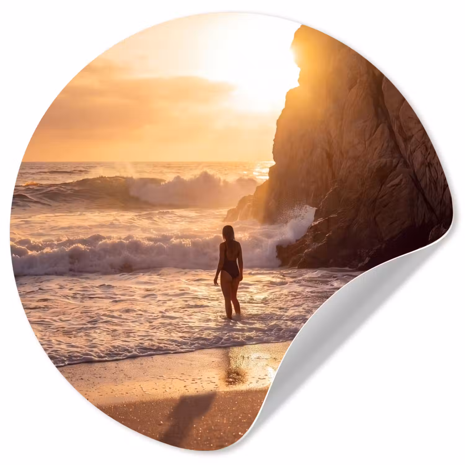 Mensen - Oceaan - Zonsondergang - Kust - Goud Wandcirkel behangsticker klein -3d