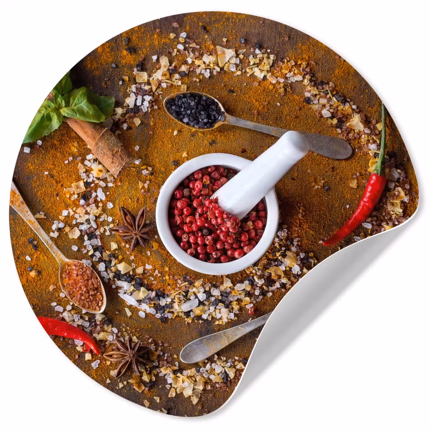 Vijzel - Kruiden - Lepels - Specerijen - Bruin - Peper Wandcirkel behangsticker klein -3d