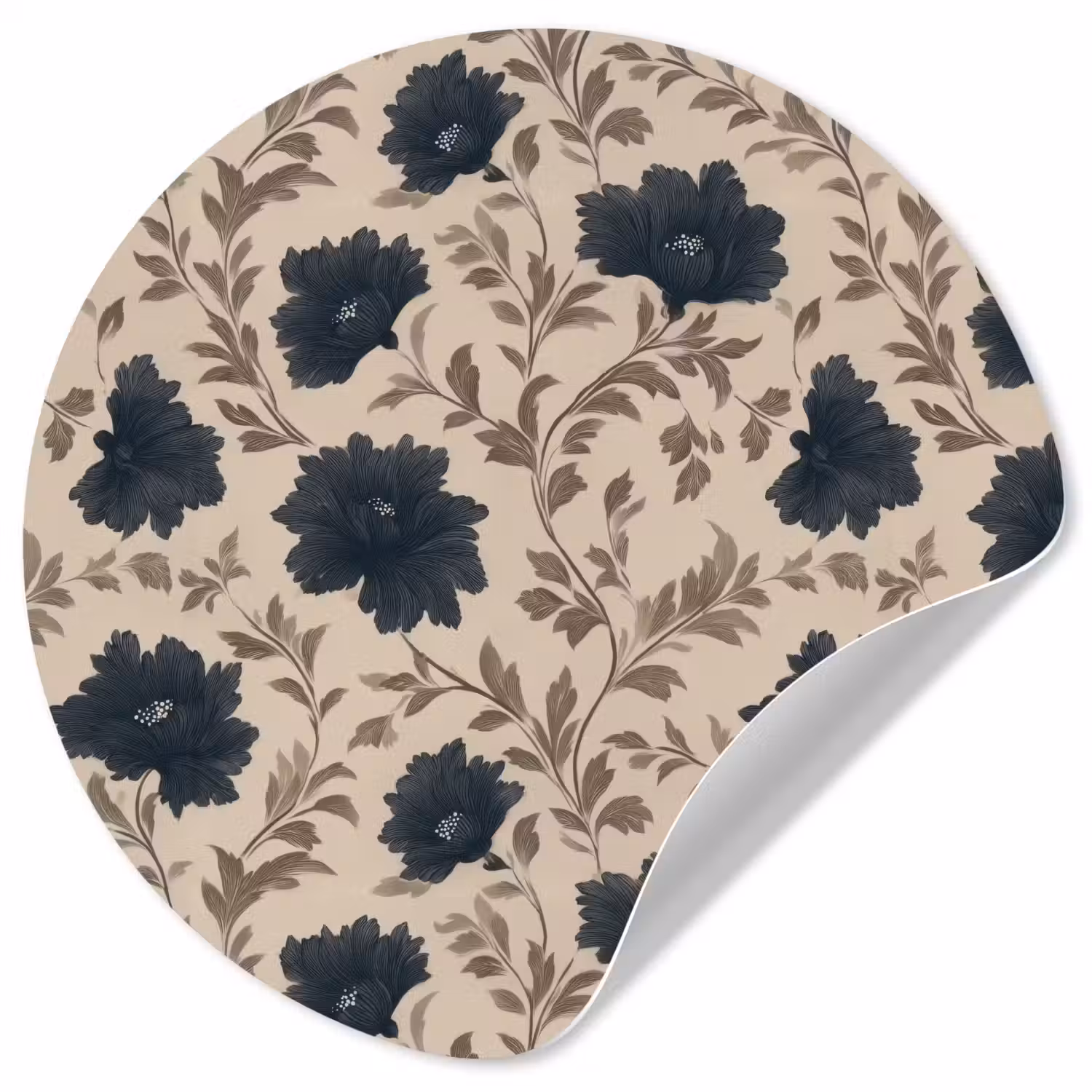 Motief - Bloemen - Zwart - Beige Wandcirkel behangsticker klein 186 -3d