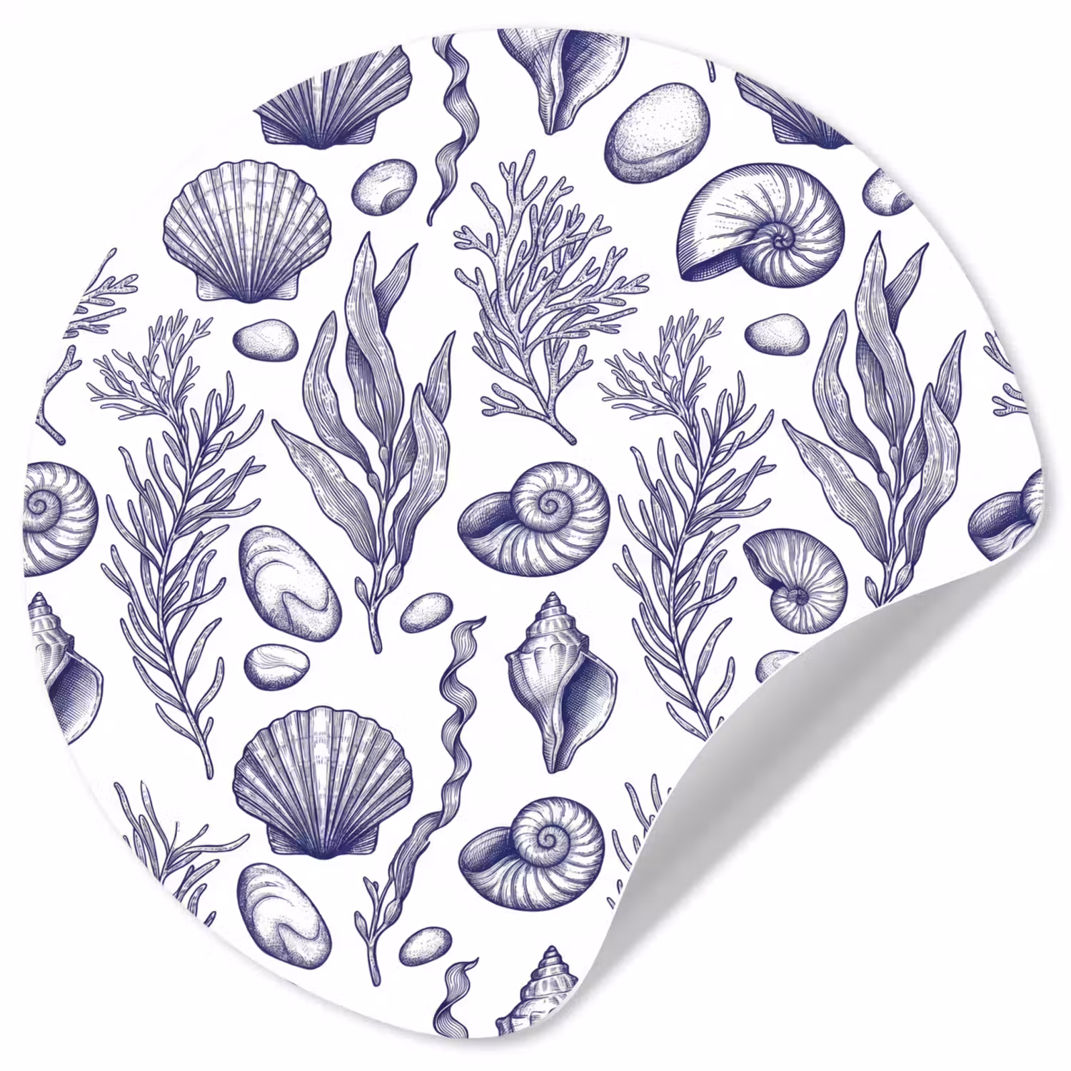 Schelpen - Zeewier - Oceaan - Illustratie - Blauw Wandcirkel behangsticker klein -3d