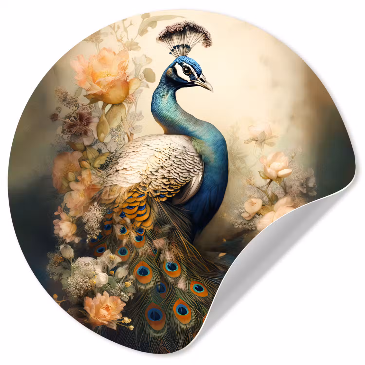 Pauw - Pauwenveren - Bloemen - Vogels - Botanisch Wandcirkel behangsticker klein -3d
