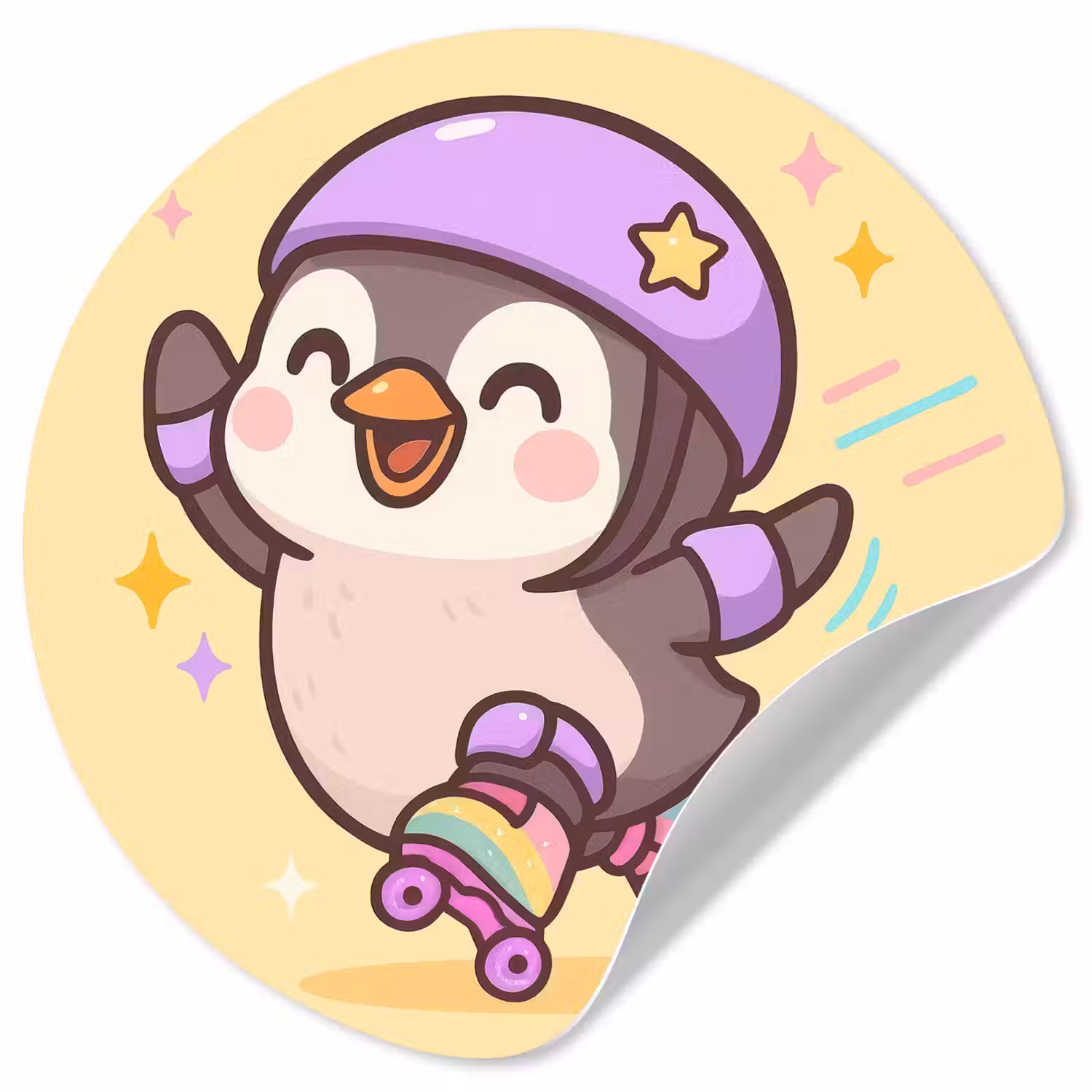 Pinguïn - Rolschaatsen - Geel - Energiek Wandcirkel behangsticker klein -3d