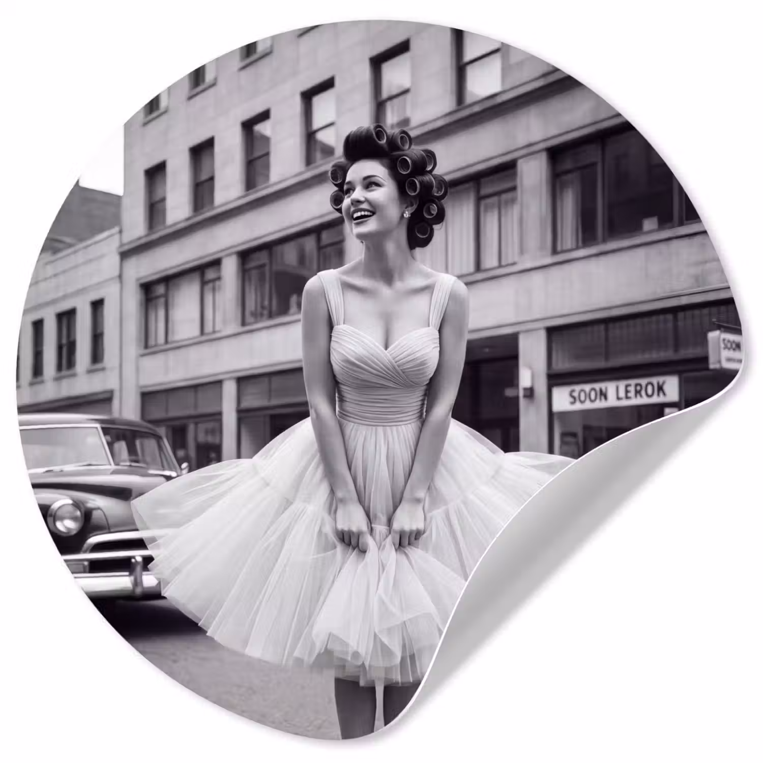 Retro - Vrouw - Zwart - Wit Wandcirkel behangsticker klein -3d