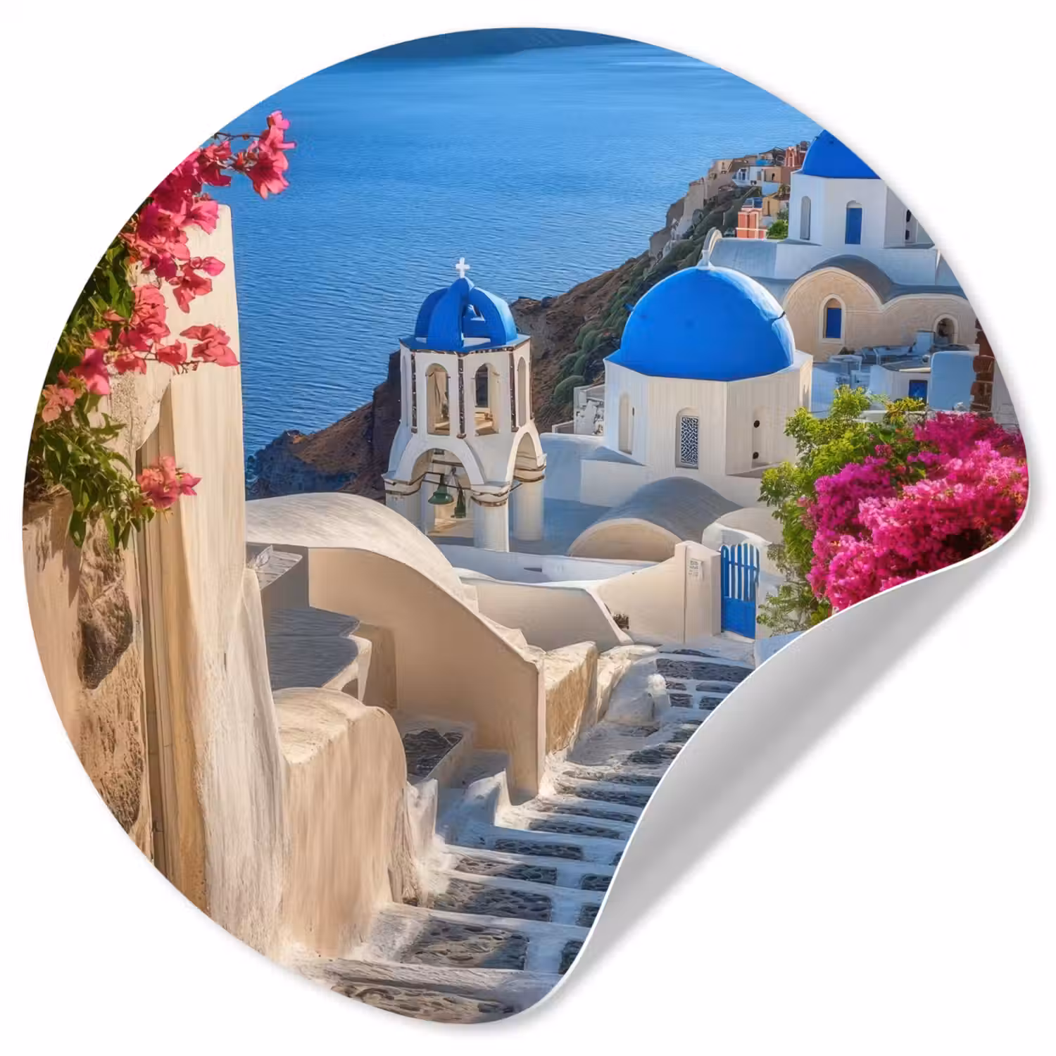 Santorini - Bloemen - Griekenland Wandcirkel behangsticker klein -3d