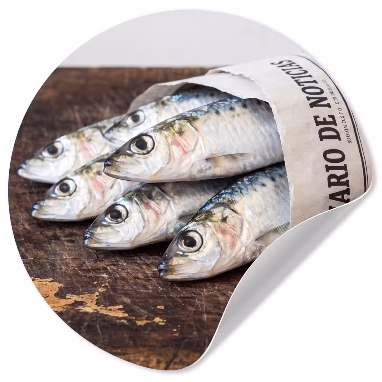Runde Tapete - Sardine – Zeitung – Schneidebrett - Sardientje - krant - snijplank Wandcirkel behangsticker klein