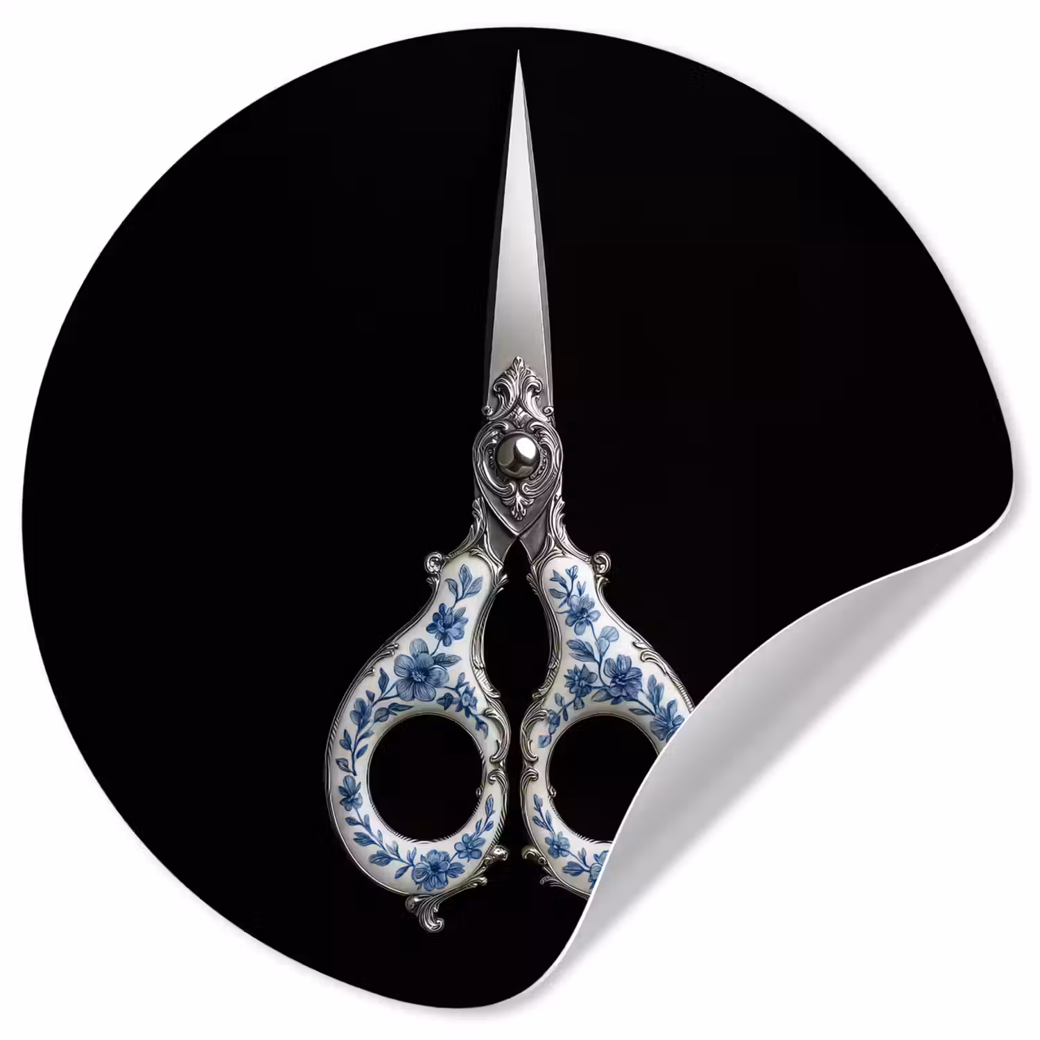 Schaar - Delfts blauw - Zwart Wandcirkel behangsticker klein -3d