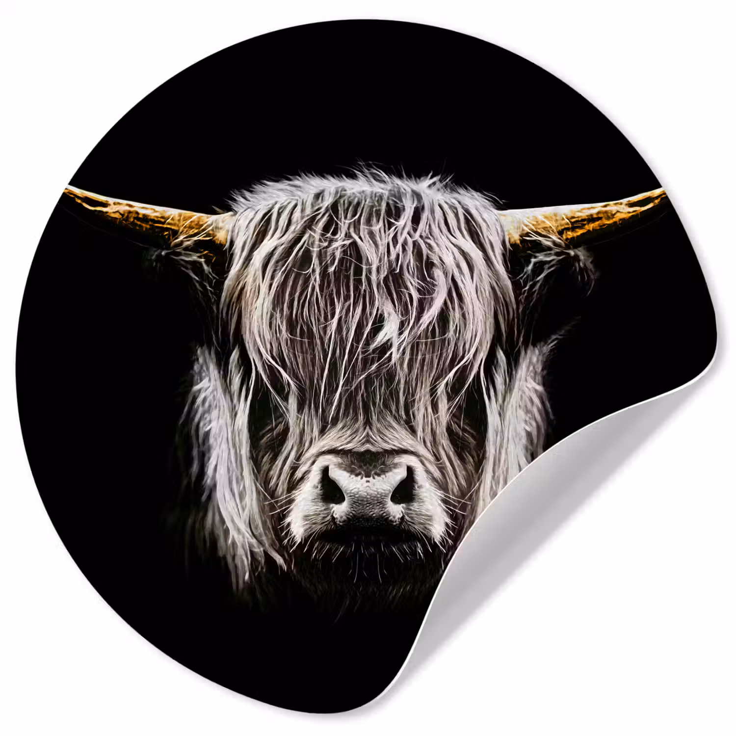 Schotse hooglander - Goud - Hoorns - Zwart wit - Koe - Dieren Wandcirkel behangsticker klein -3d