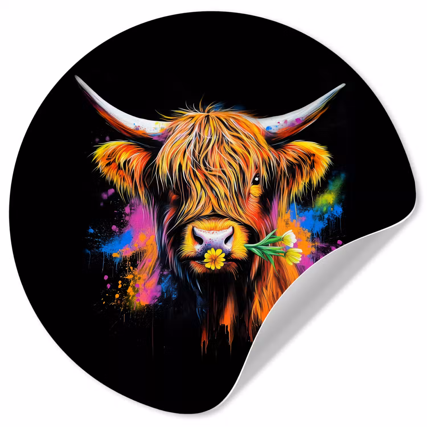 Schotse Hooglander - Graffiti - Kleurrijk - Bloem - Dieren Wandcirkel behangsticker klein -3d