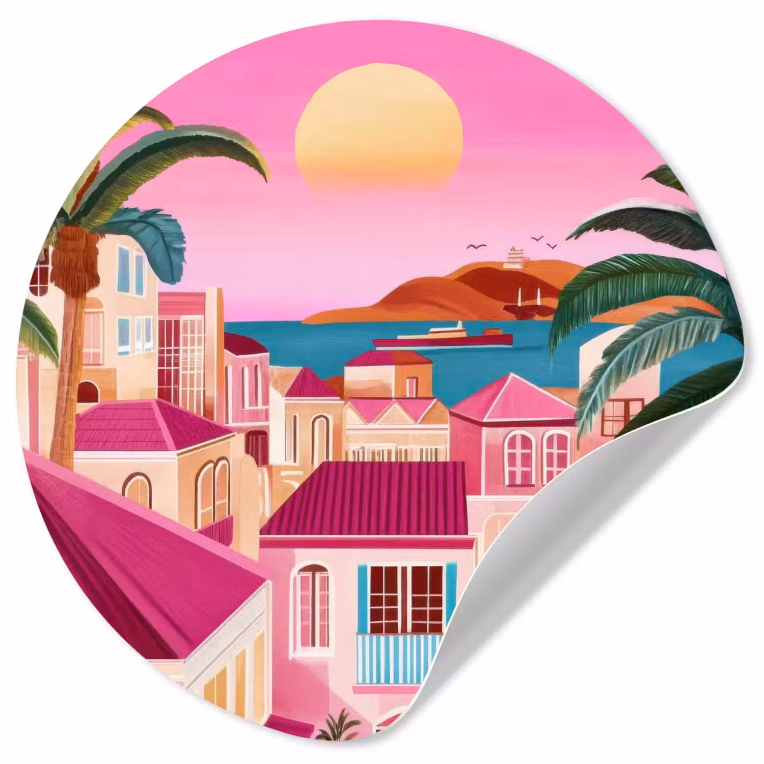 Stad - Roze - Palmbomen Wandcirkel behangsticker klein -3d